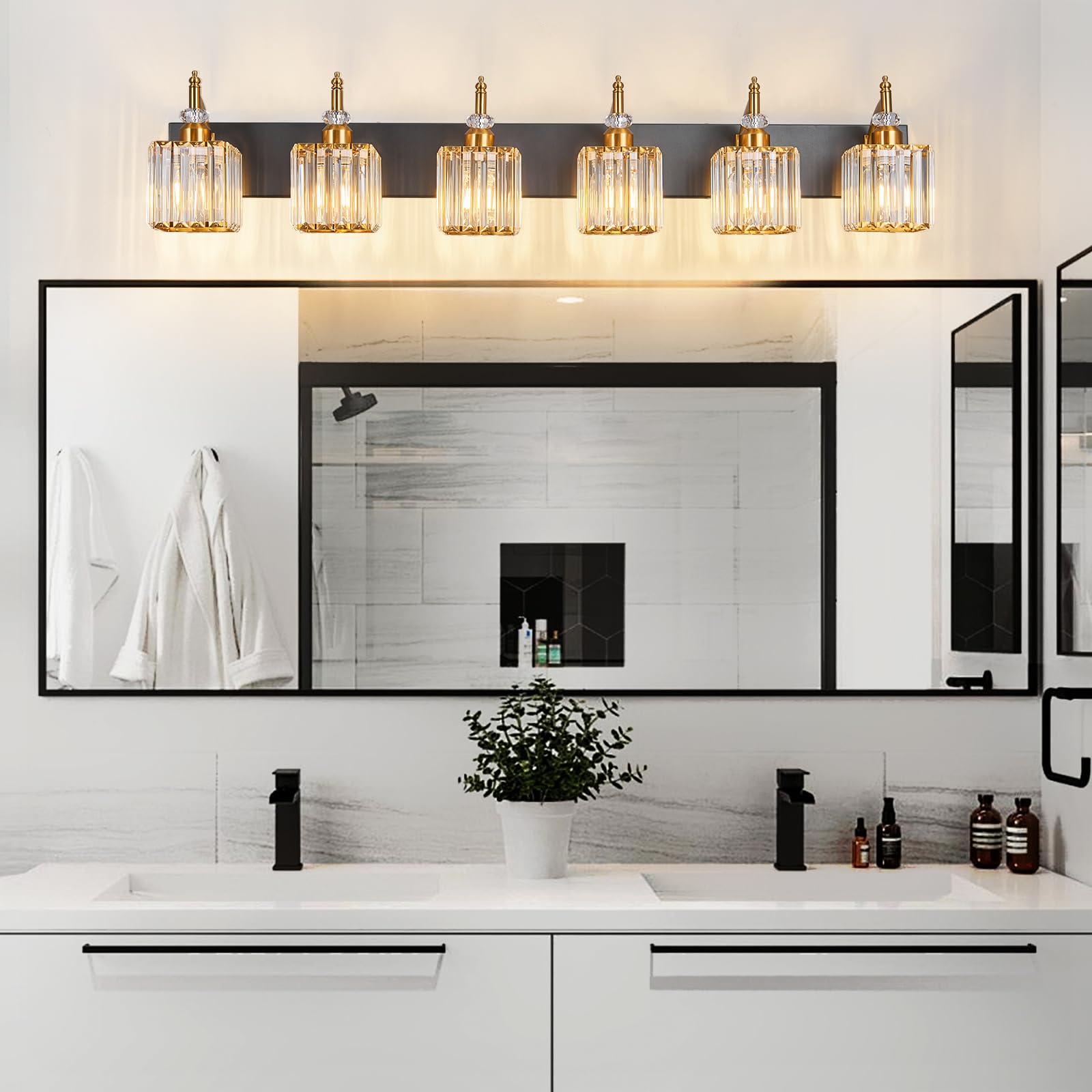 BBLLWJ 6-Light Bathroom Vanity Light Fixture, Modern Black Gold with Crystal Accents, Model 655