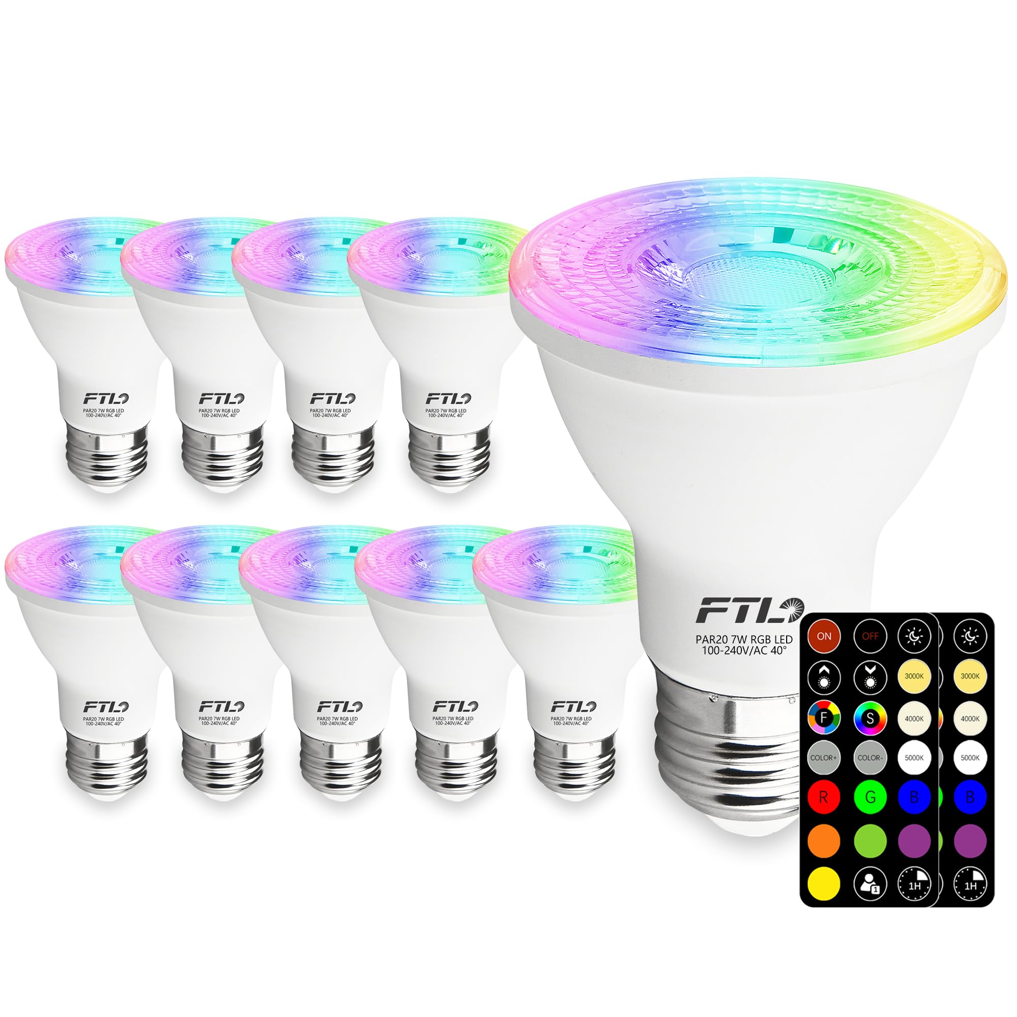 Ftl Par20 Led Bulbs Color Changing Light Bulbs With Remote Control, Dimmable Rgb Colored Bulbs 2700K-6000K 7W 60W Equivalent, Ti