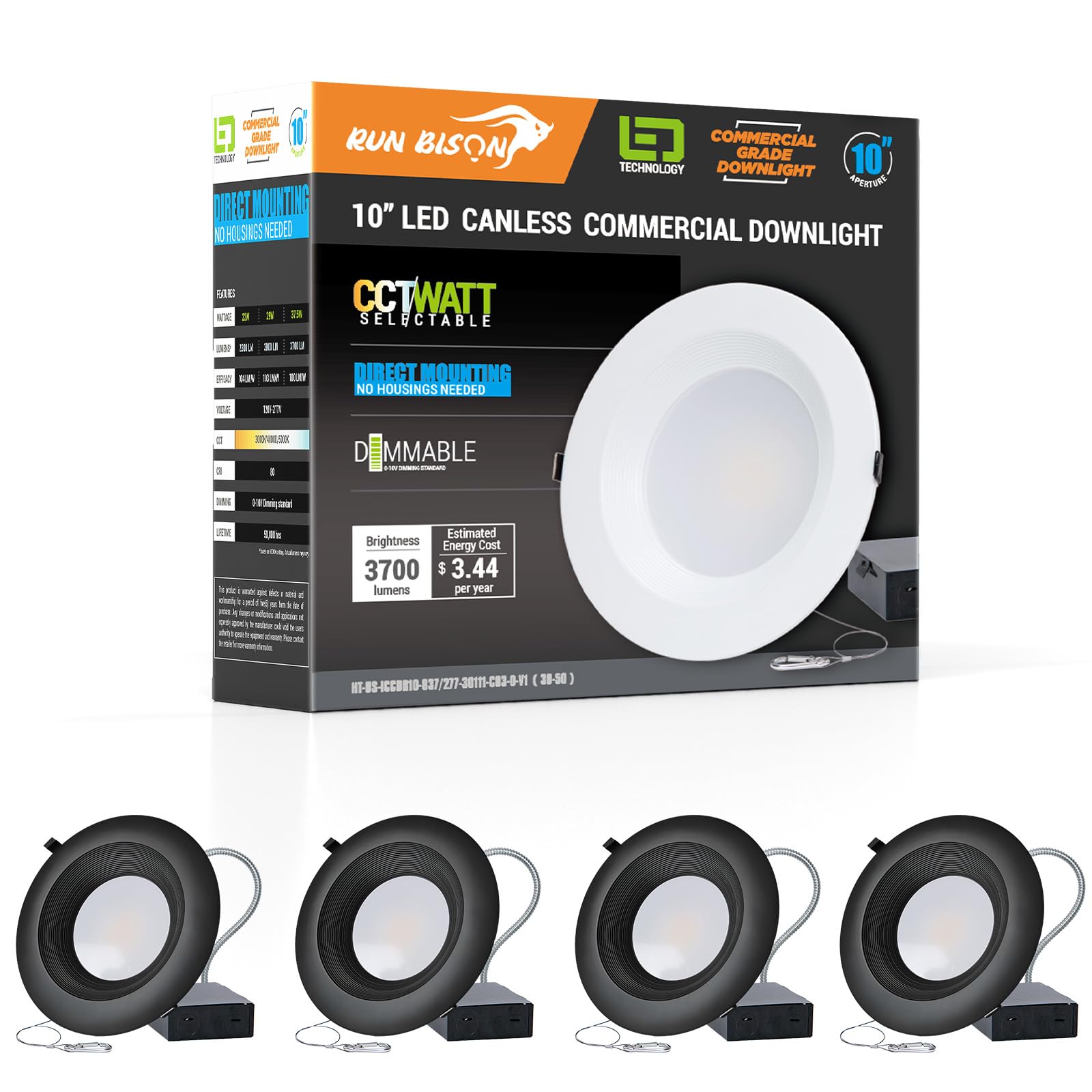 Run Bison 10 Inch Commercial LED Recessed Light with J-Box,120-277V,22/29/37.5W Adjustable,3CCT Selectable 3000K-5000K,0-10V Dim