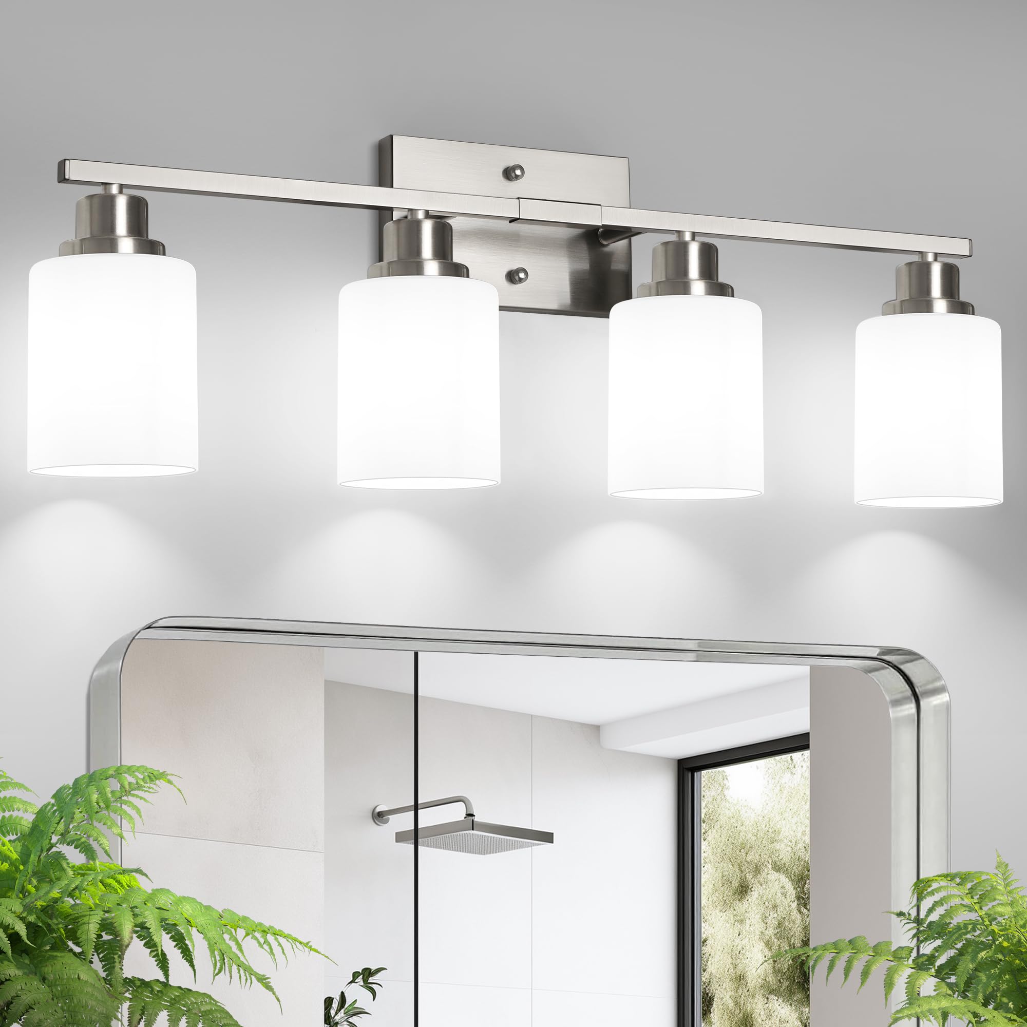 Ascher Bathroom Light Fixtures  4-Light Vanity Light Over Mirror  Brushed Nickel Wall Sconces with Milky White Frosted Glass Shades  Wall Lamp for Living Room Bedroom  E26 Base(Bulbs Not Included)