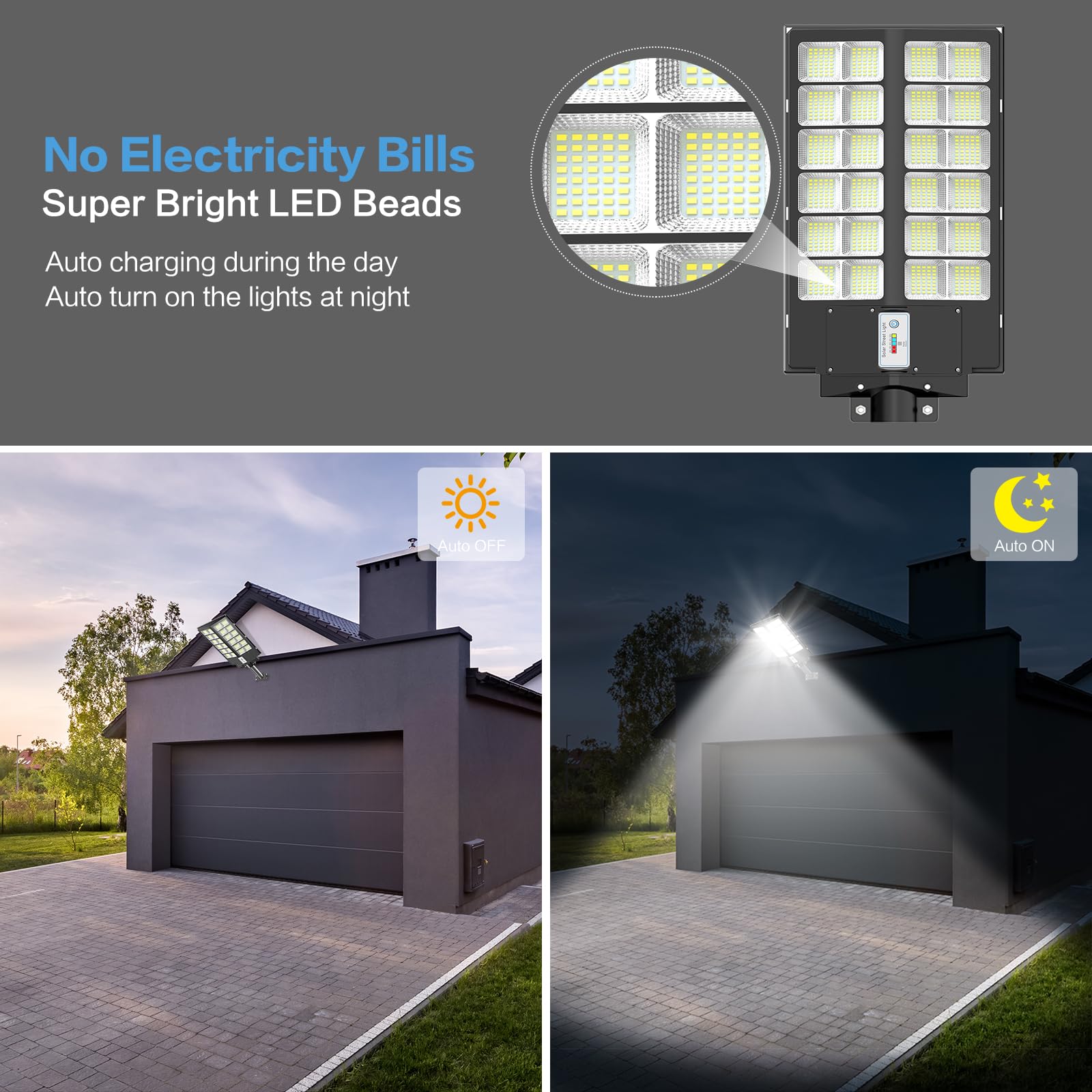 Deepn 4200W Solar Street Lights - 450000 Lumens, Waterproof LED with Motion Sensor, Remote Control, Black, Model BC1501