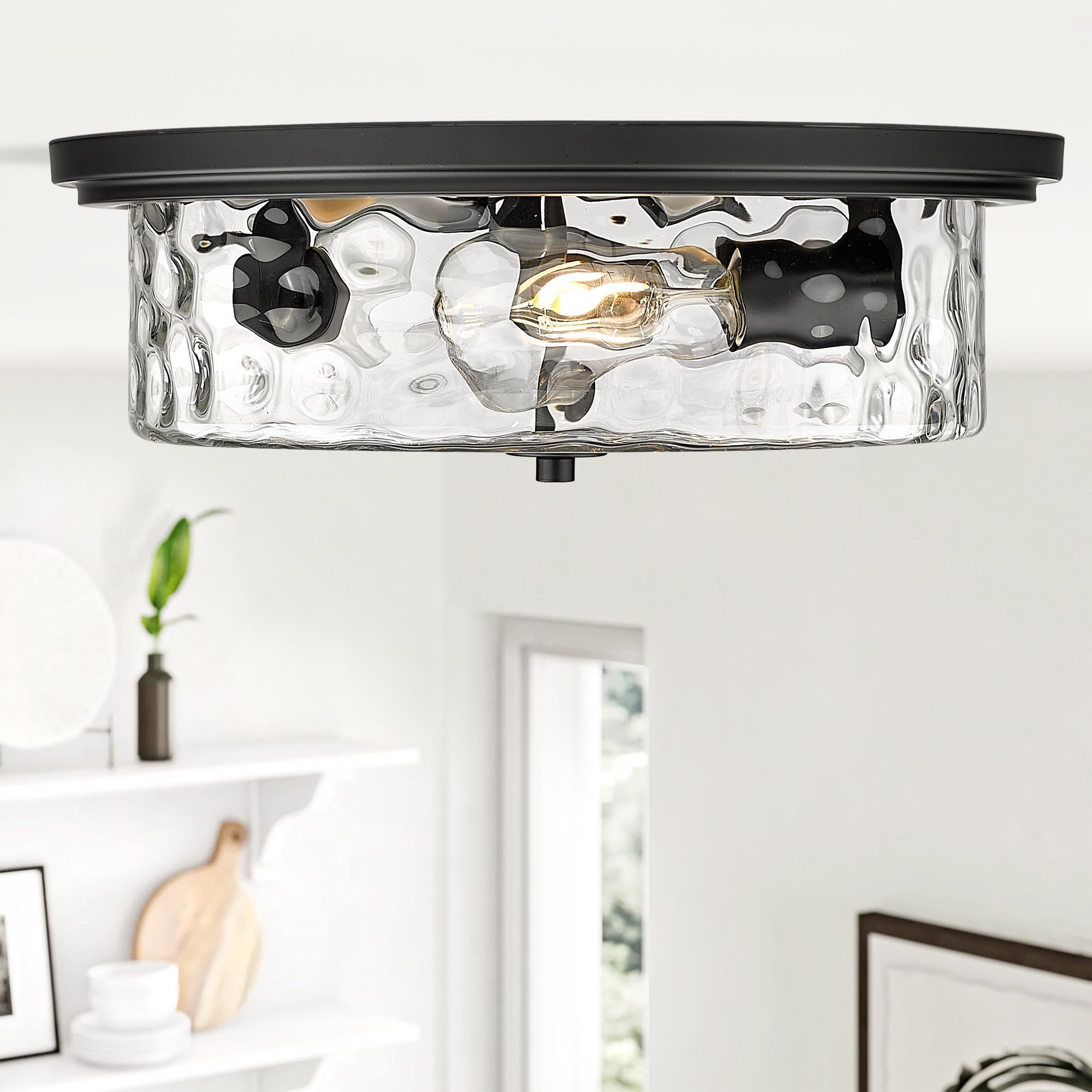 Odeums 16&quot; Black Industrial Flush Mount Ceiling Light, 3-Light Fixture For Kitchen & Living Room