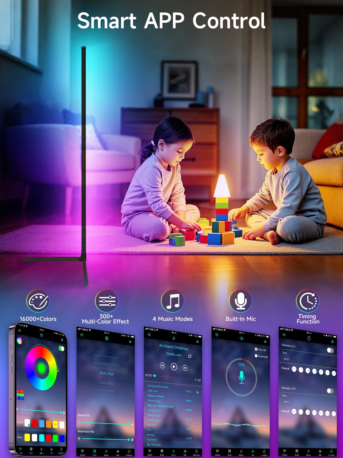 Tyute RGB LED Corner Floor Lamp with Music Sync, Smart App & Remote Control, Multicolor Ambience Light, Model T-600