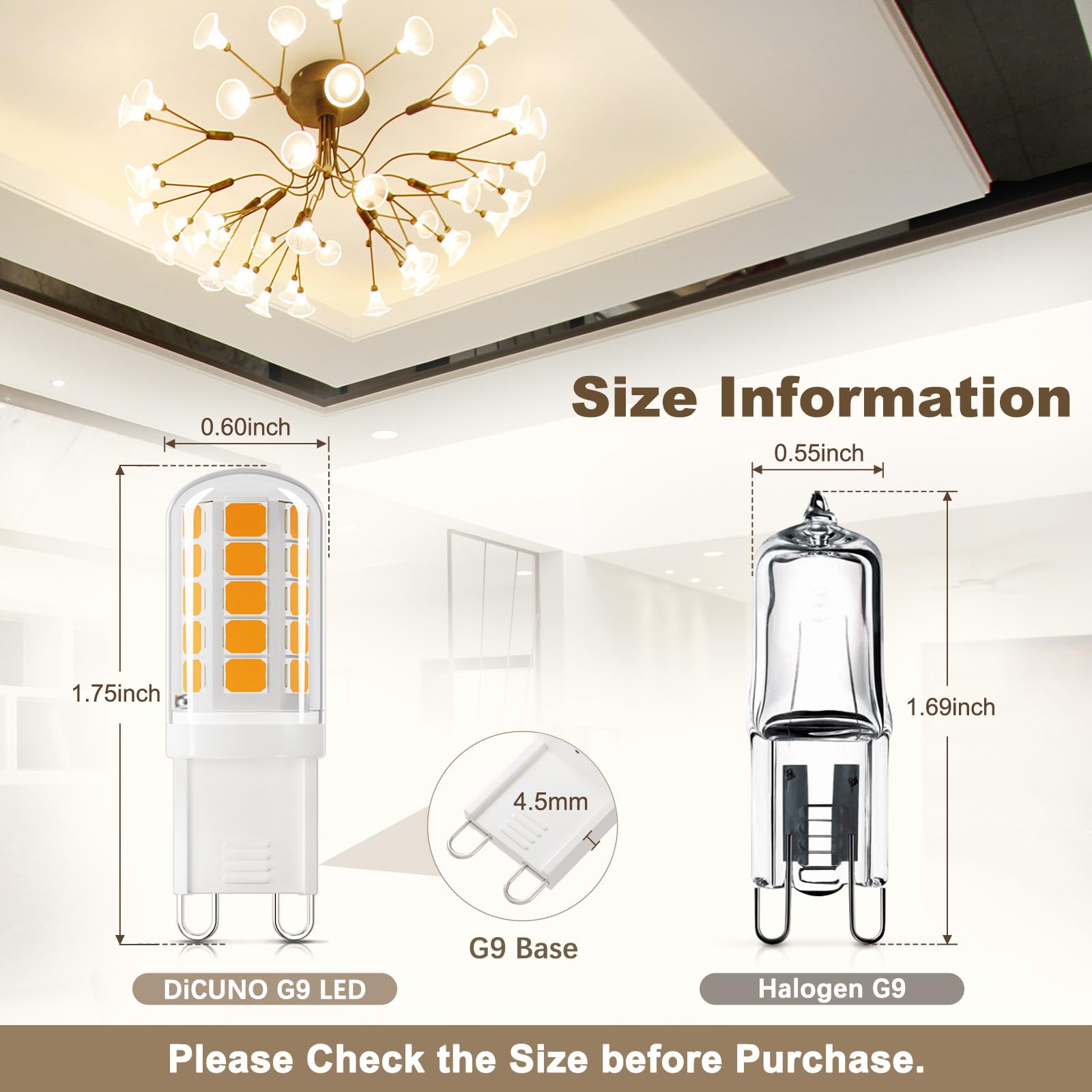 DiCUNO G9 LED Bulb 4W 3000K Warm White T4 Chandelier Light 400LM Non-Dimmable Pack of 10