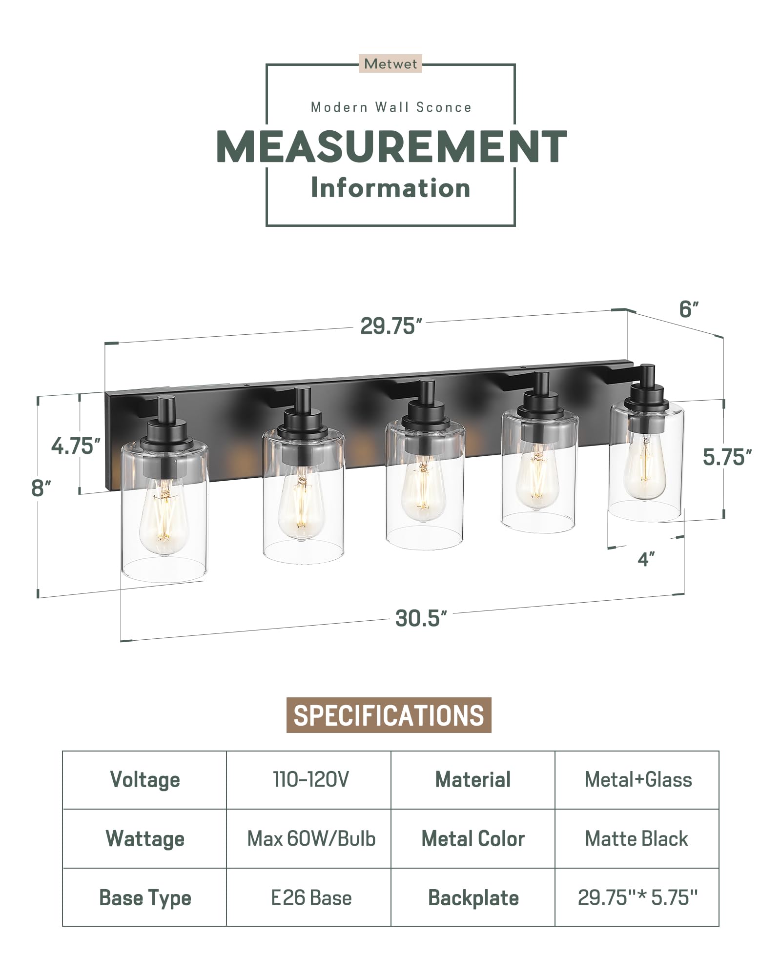 Metwet 5-Light Bathroom Light Fixtures  30 Inch Black Vanity Light With Cylinder Clear Glass Shade  Modern Vanity Lighting Fixtures Over Mirror  Vl143-Mb-5