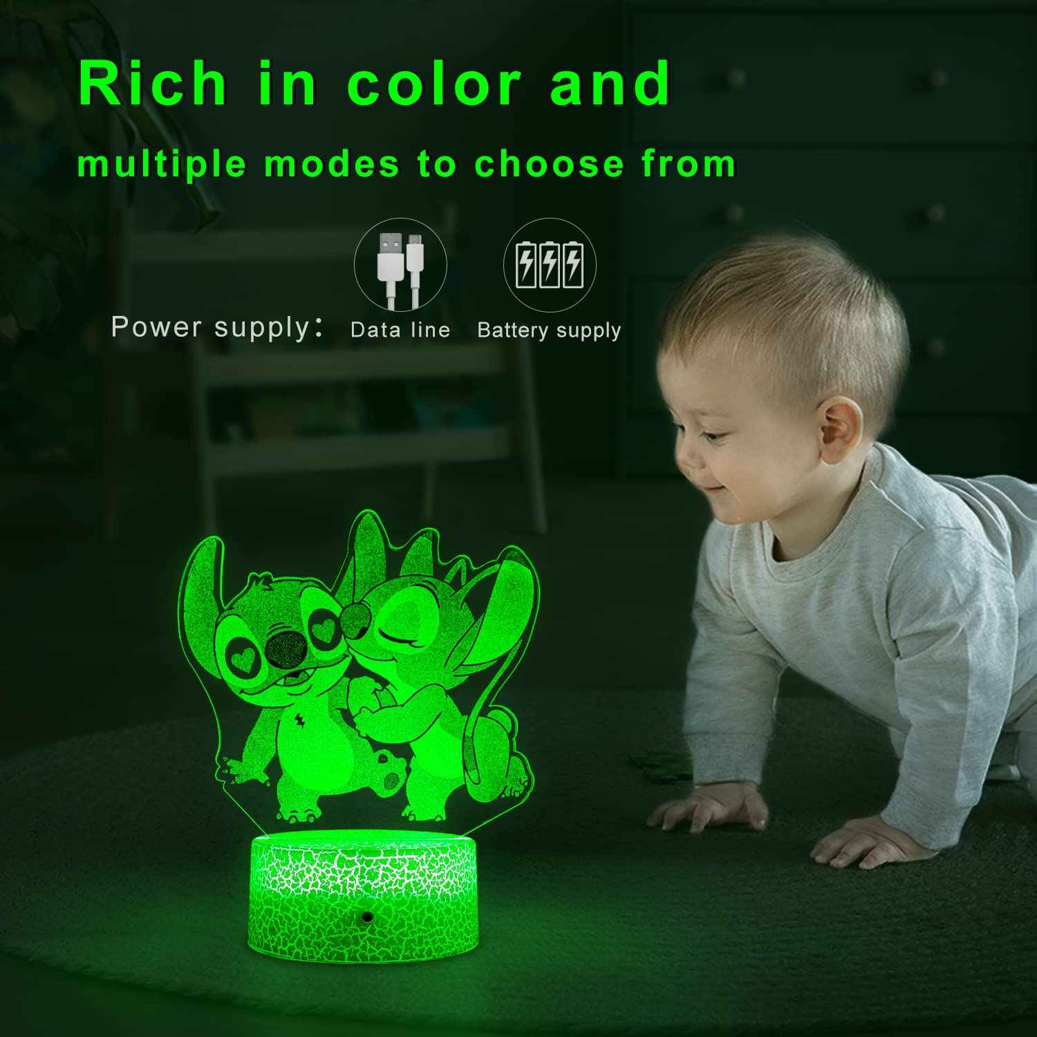 NINE SQUARE EGOU Stitch Night Light - Dimmable 7-Color Lamp with Timer Remote for Boys' Bedroom, Model JFYD03, Acrylic Material
