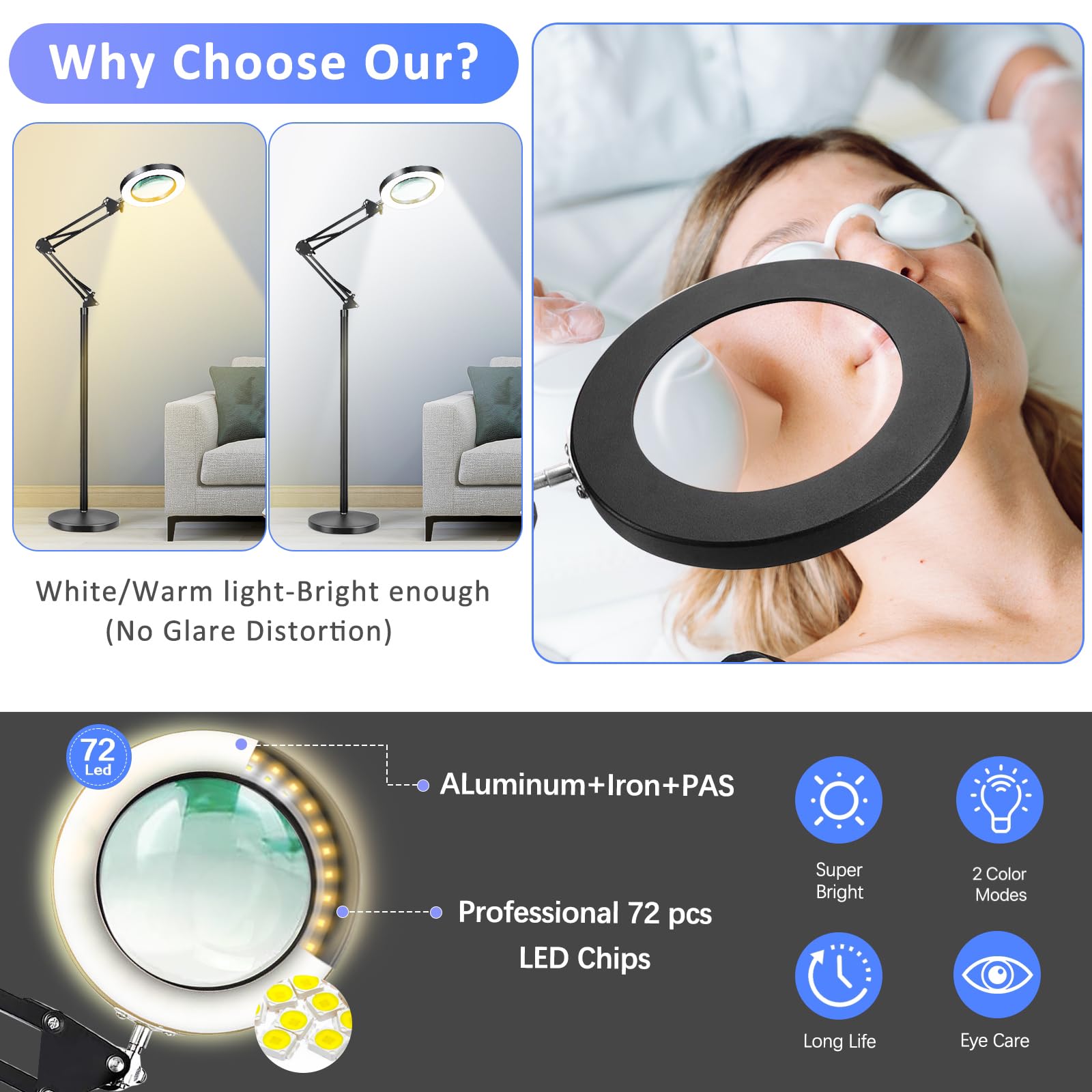 Baoomalongly 3-In-1 Large Floor Magnifying Glass With Light And Stand,10X Magnifying Glass For Reading,Adjustable 72 Led Light 2