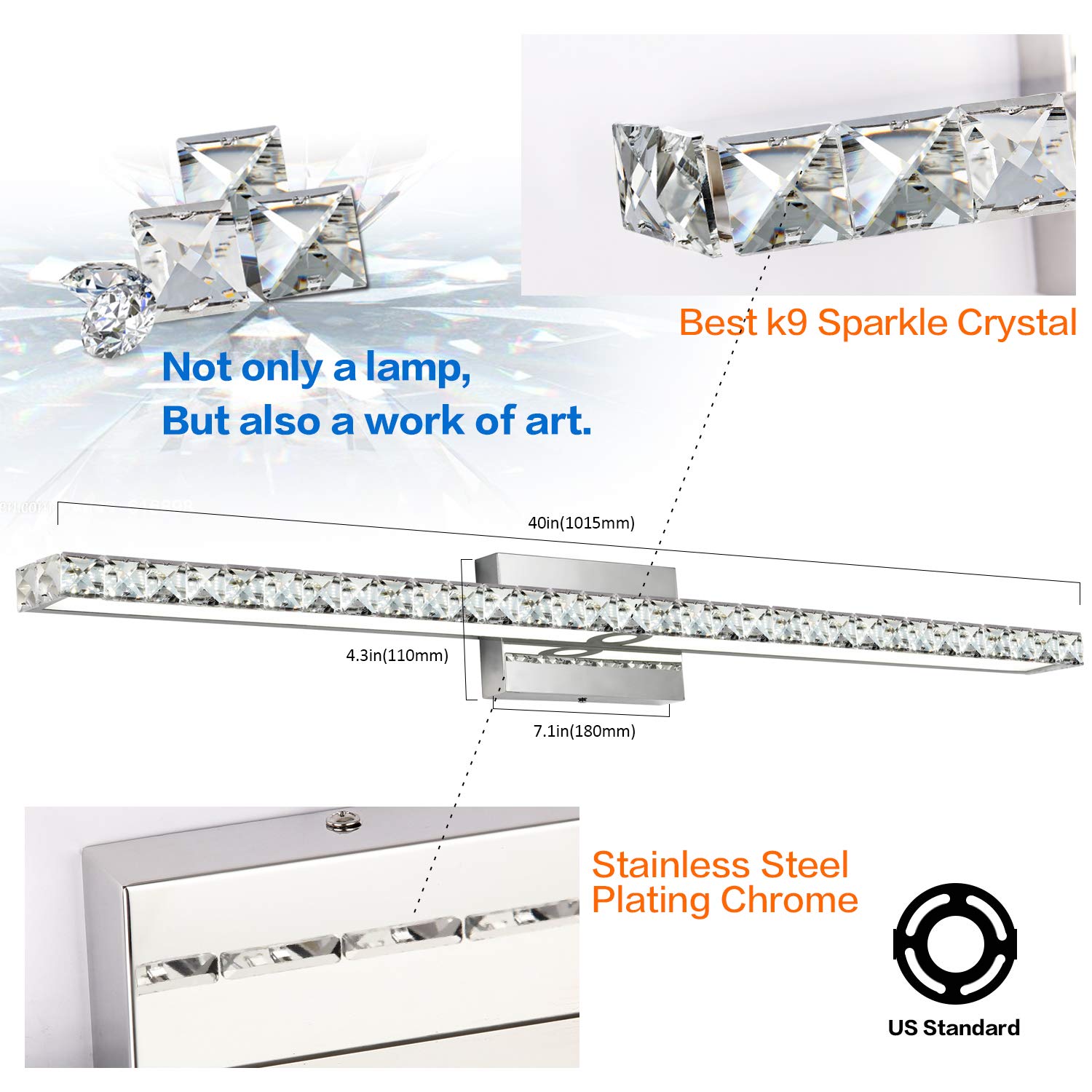 SOLFART 40-Inch Dimmable Crystal Bathroom Vanity Light Fixture - White Light Over Mirror