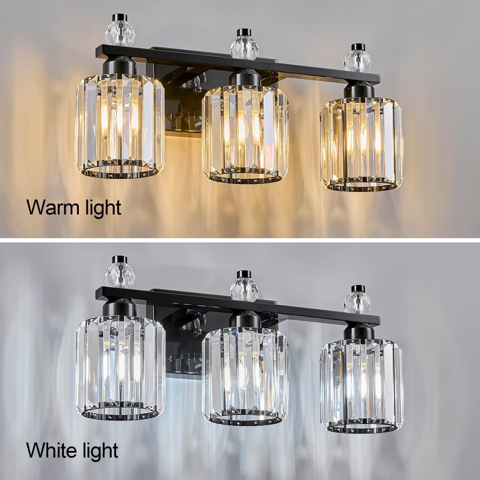 FDPBY 3-Light Bathroom Vanity Light Fixtures, Plating Black, Modern Crystal, Model 291, Over Mirror Lighting
