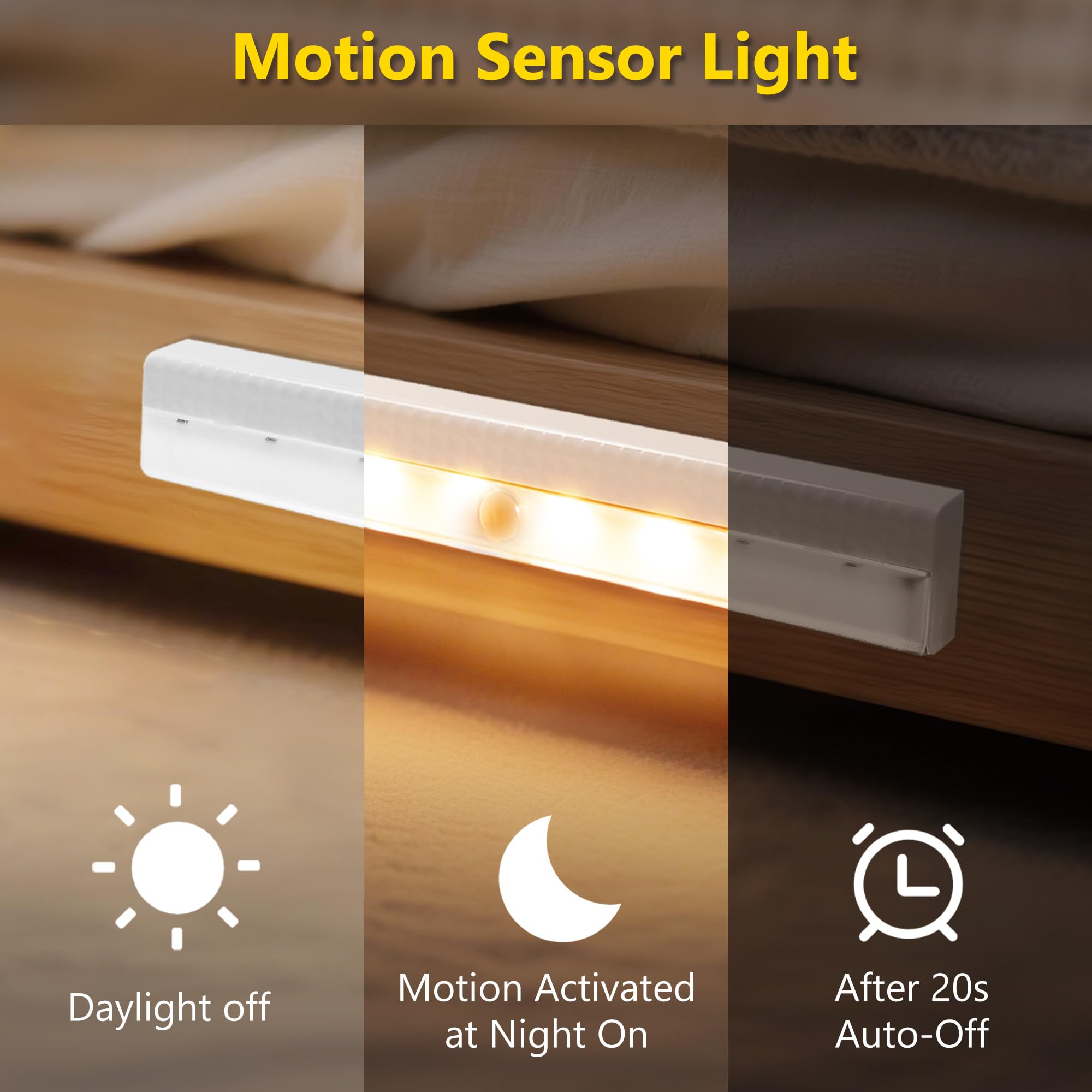 holoith Motion Sensor Closet Lights 4-Pack, Battery Powered, 3000K Warm White, Magnetic, Plastic, 45 Lumen, for Cabinet, Stair, Wardrobe