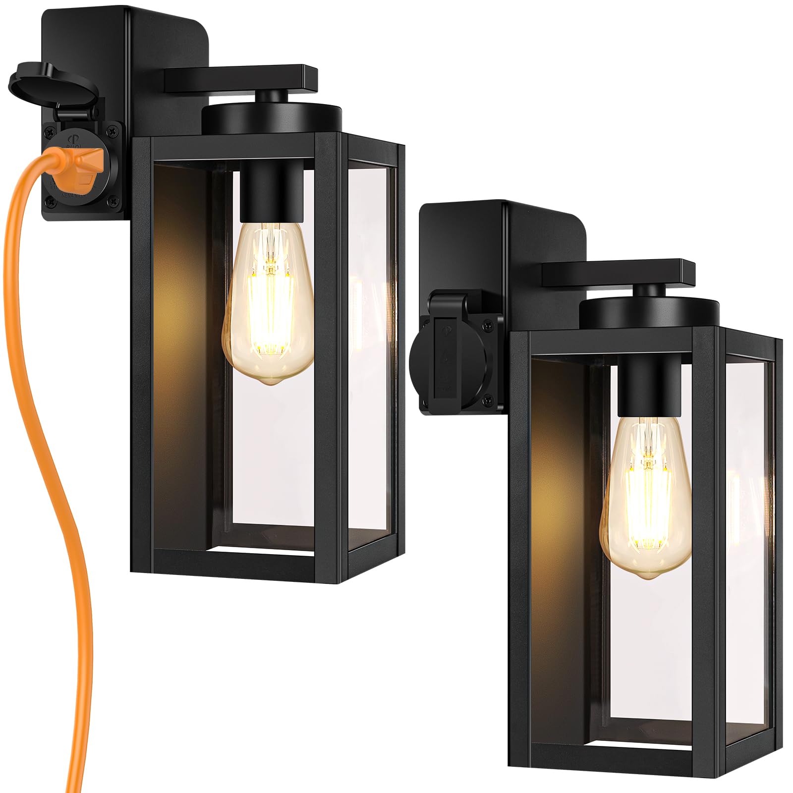 Beslowe Black 2-Pack Outdoor Porch Lights With Ul Outlet, Waterproof Wall Sconces For Front Door