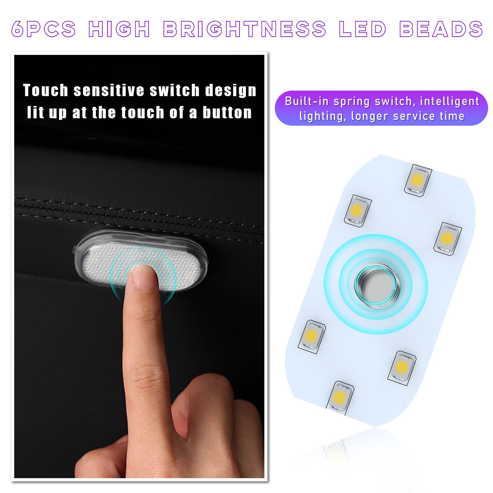 Ziciner Car Wireless LED Lights, Super Bright, USB Rechargeable, 2 PCS, White, Universal Fit for Cars, Trucks, SUVs, Vans