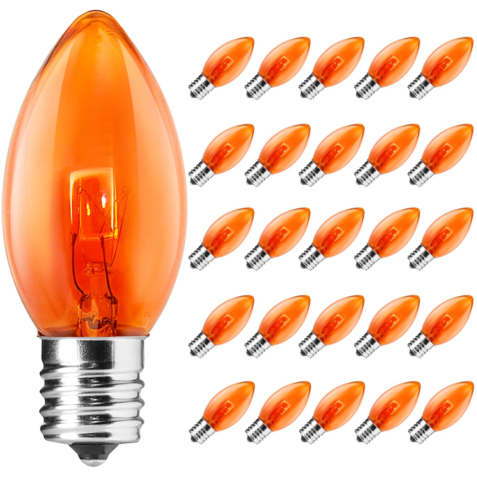 SUNSGNE C9 Orange Replacement Light Bulbs, E17 Base, 7 Watt, Clear Orange, 25 Pack for Halloween and Christmas Outdoor String Lights