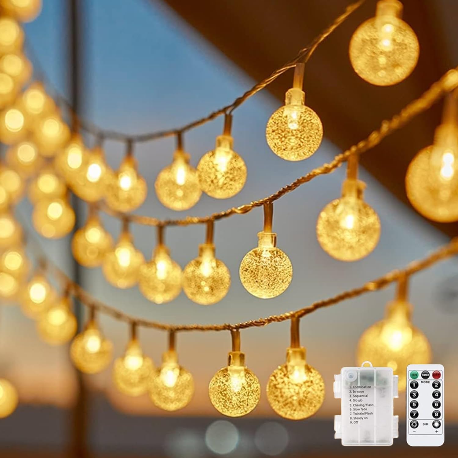 Minetom Crystal Globe String Lights, 33 ft, 60 LED, Waterproof, Battery Operated, Warm White, Remote with 8 Modes