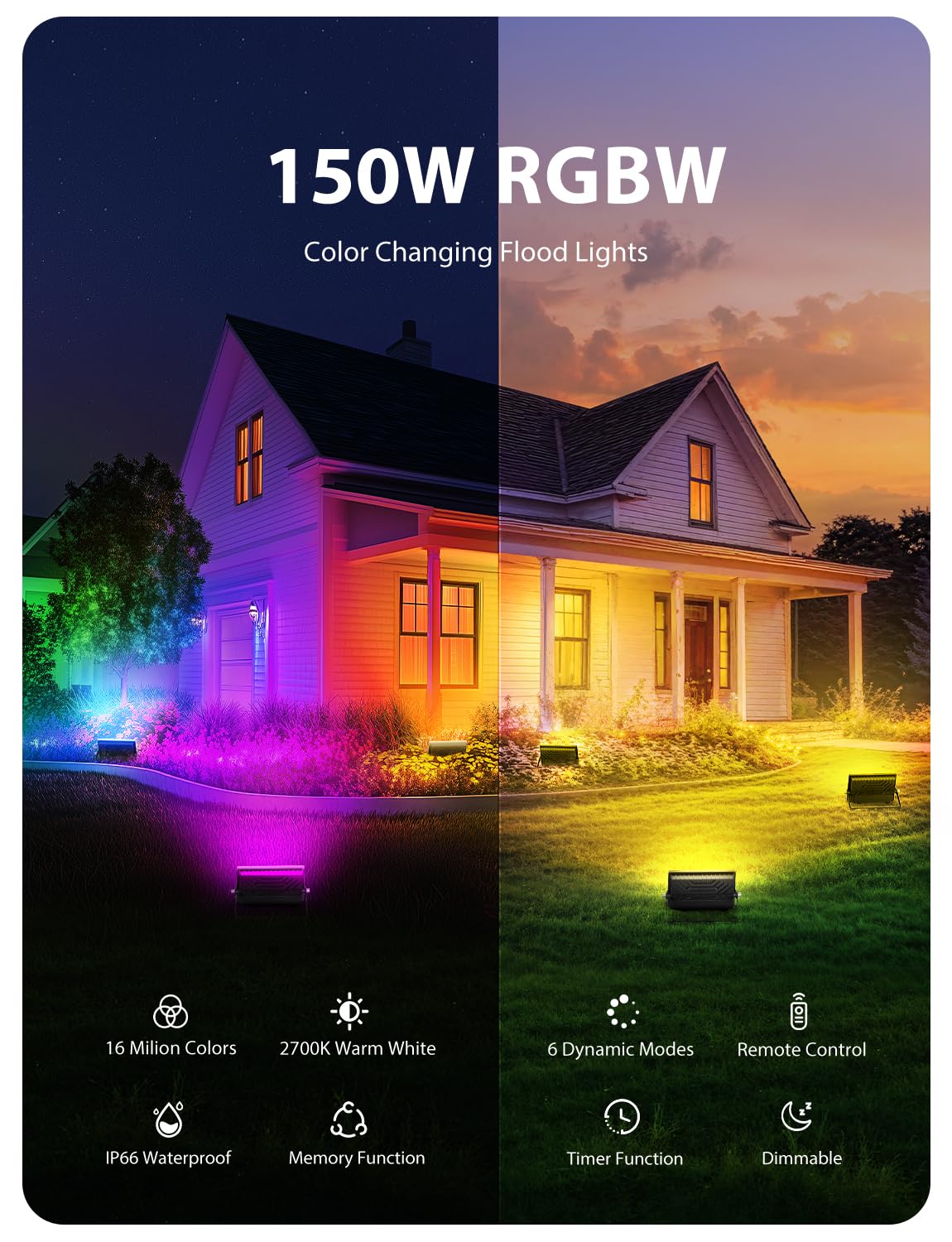 Onforu LED Flood Light Outdoor 1000W Equivalent, 150W Color Changing RGBW Floodlight with Remote, Stage Lights Uplights for Even
