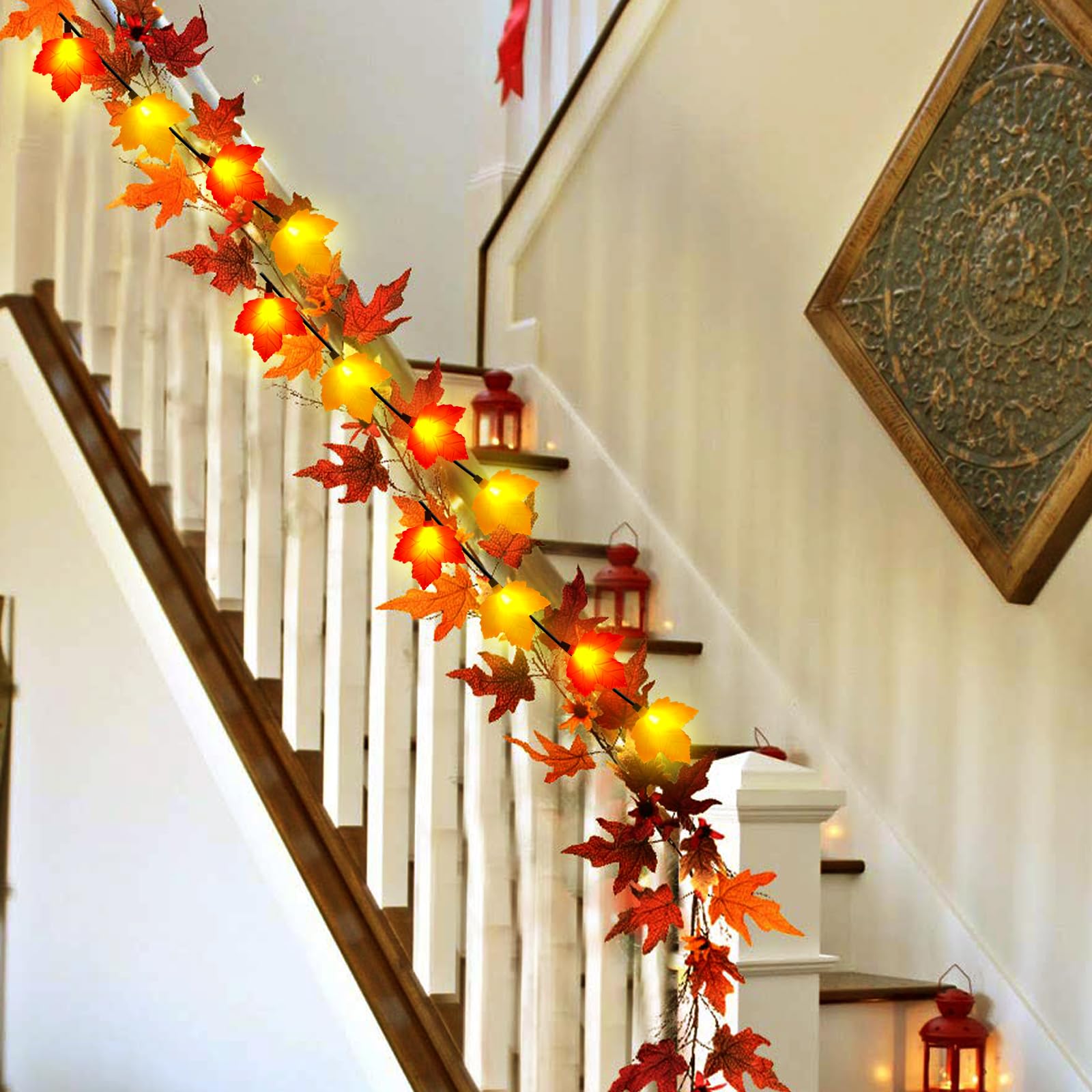Fall Decor Maples Leaf String Lights, 8.5Ft Led Maple Leaf Lights With 10 3D Maple Leaf Fall Light, Plug In Fall Decorations For Indoor Outdoor Thanksgiving Christmas Halloween Harvest-Orange/Yellow