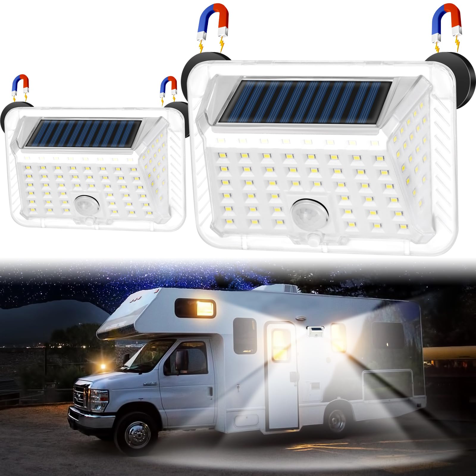 EJYTRVT Magnetic RV Solar Lights with Motion Sensor, White, 2 Pack, for Camper, Trailer, Truck