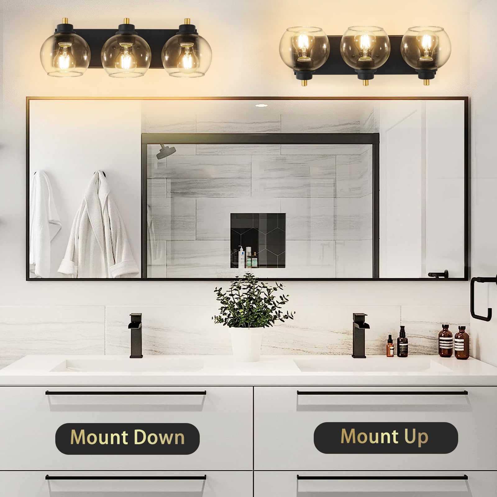 Tuscarora 3 Light Bathroom Vanity Light, Black And Gold Bathroom Light Fixtures Over Mirror, Modern Vanity Light With Clear Glass Shade, Black Wall Sconce For Bathroom, Bedroom