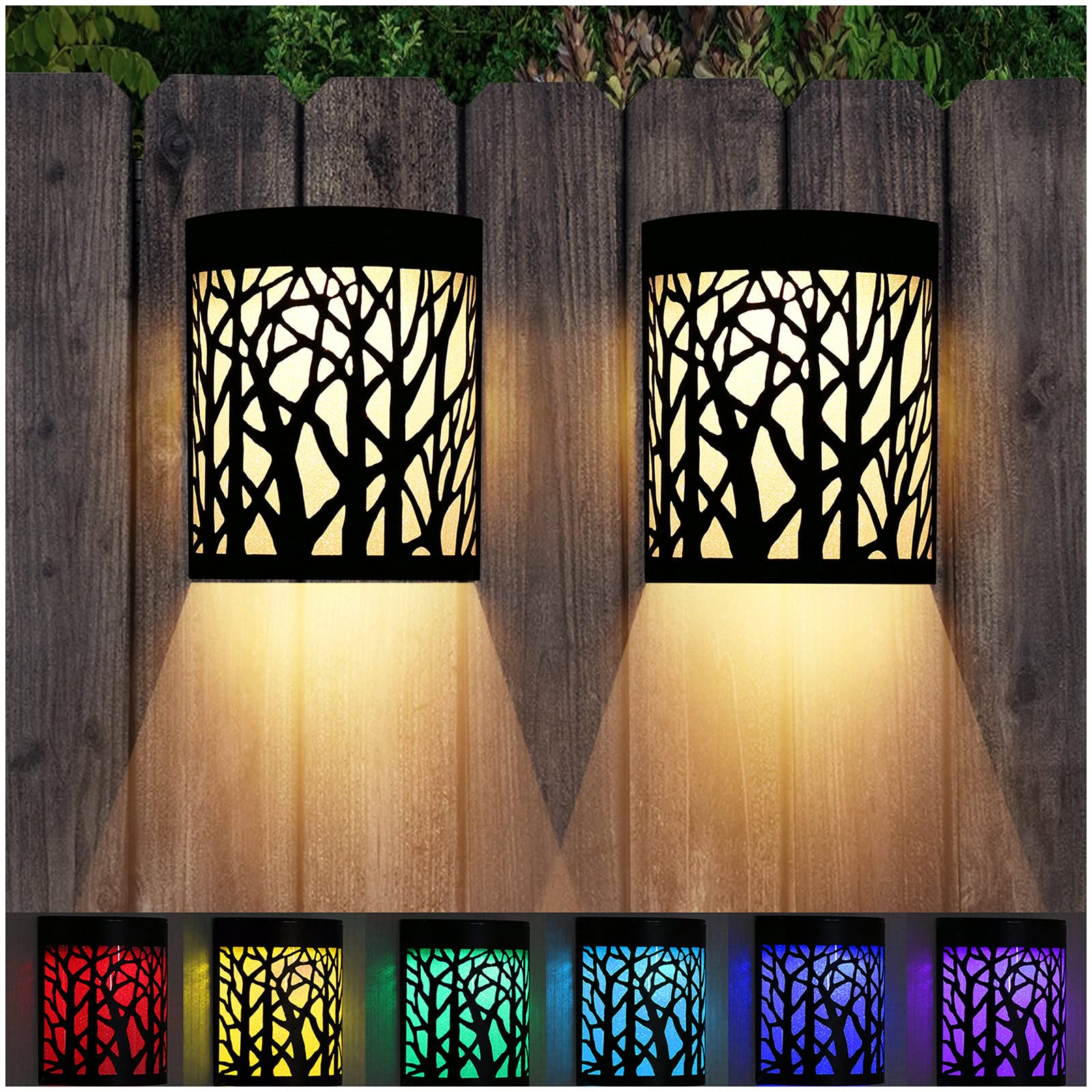 DenicMic Solar Wall Lights - Waterproof LED Sconce for Outdoor, 2 Pack, Warm White/Color Changing, Black Metal, Model CL-FORSET01