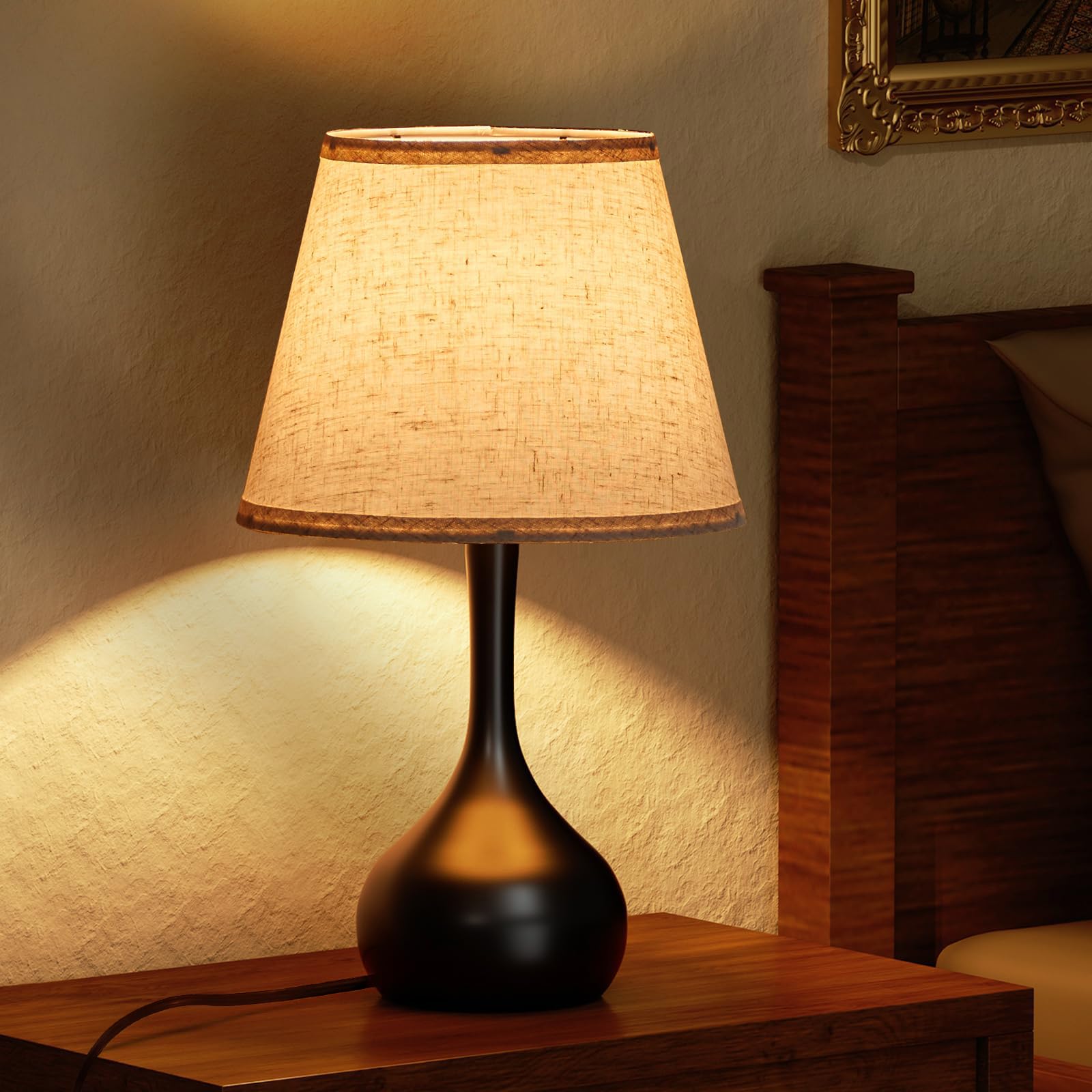 ONEWISH Touch Bedside Lamp - 3-Way Dimmable Farmhouse Table Lamp for Bedroom, Non-USB, Fabric Shade, Model TAB093CAC