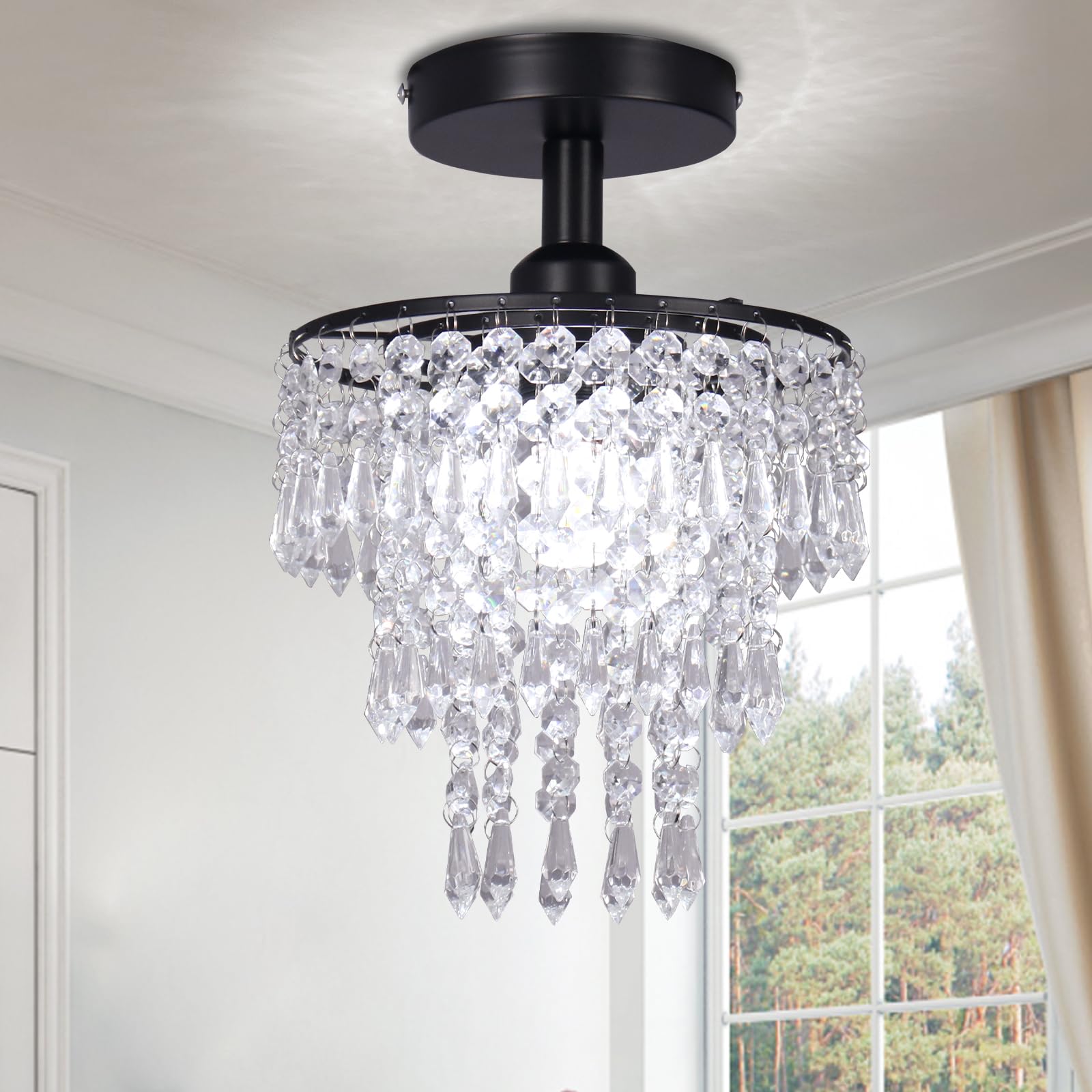 Frixchur Black Crystal Chandelier Flush Mount Light, 3-Tier Raindrop Design For Home Decor