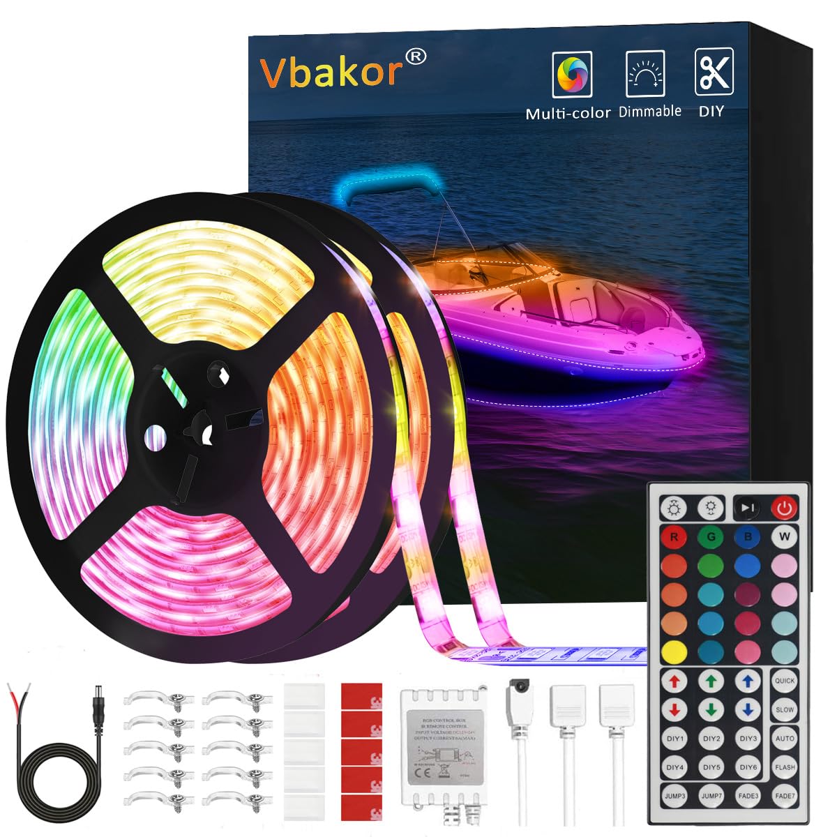 Vbakor Boat Strip Lights, Waterproof 12V RGB LED, 32.8FT for Marine, Pontoon, Yacht, Kayak, RV, Model VH284605