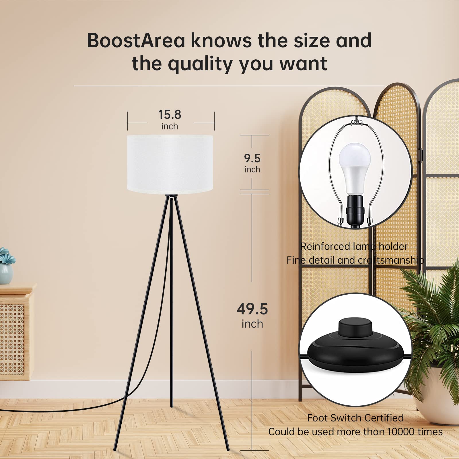 Boostarea Floor Lamp For Living Room, Tripod Floor Lamp, 15W Led Bulb, 3 Levels Dimmable Brightness, White Linen Lamp Shade, Mid