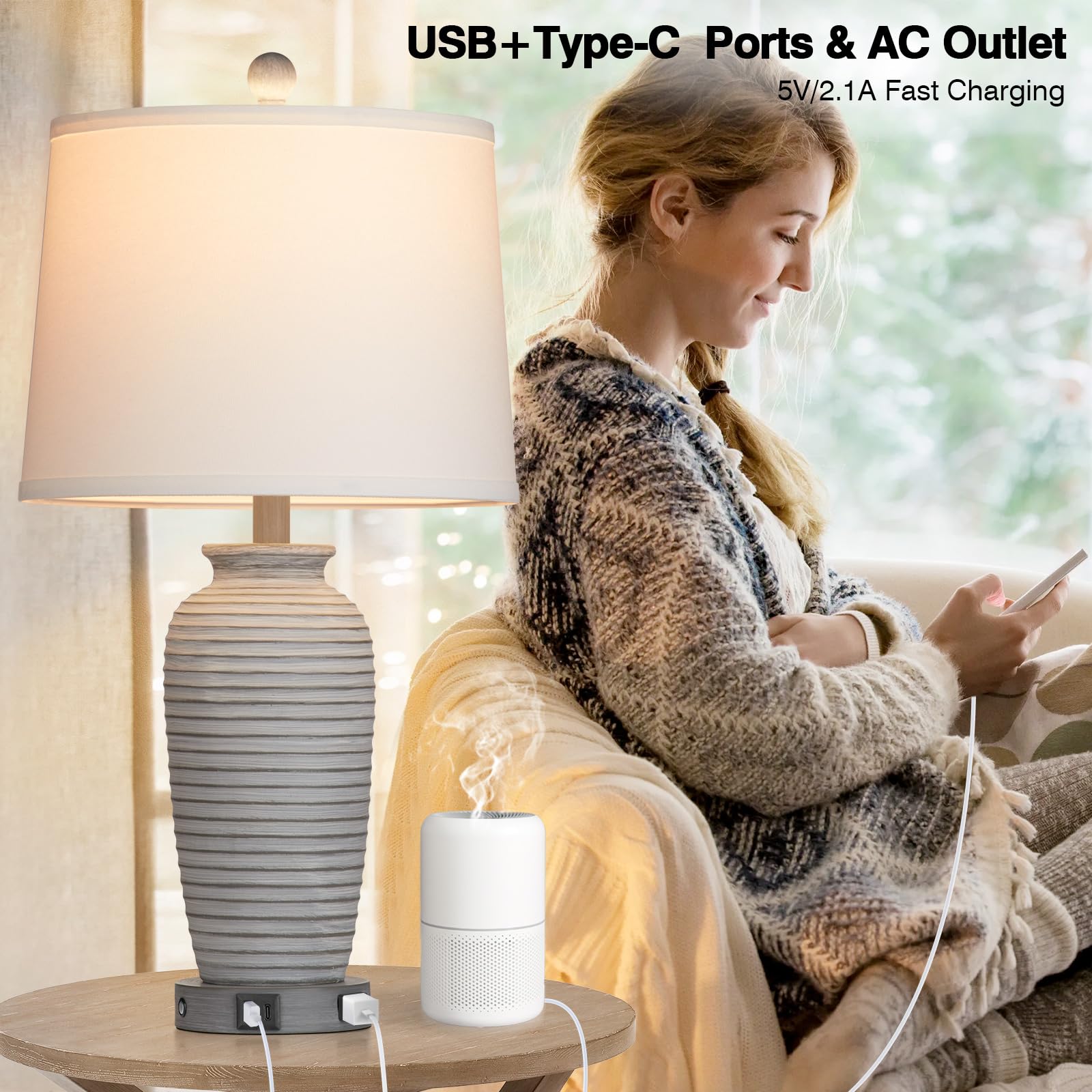 CINSARY 25" Farmhouse Jar Table Lamps Set of 2, Grey & White, Touch Control with USB Ports & AC Outlet, LED Bulbs Included