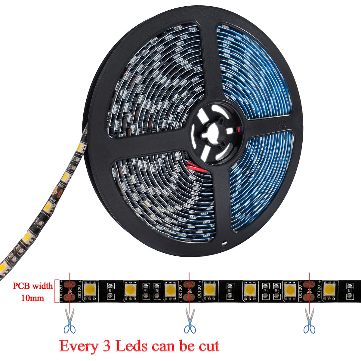 TX 12V LED Strip Light, 3000K Warm White, IP65 Waterproof, 16.4ft, SMD 5050, Black PCB, 300 LEDs for Bedroom & Kitchen