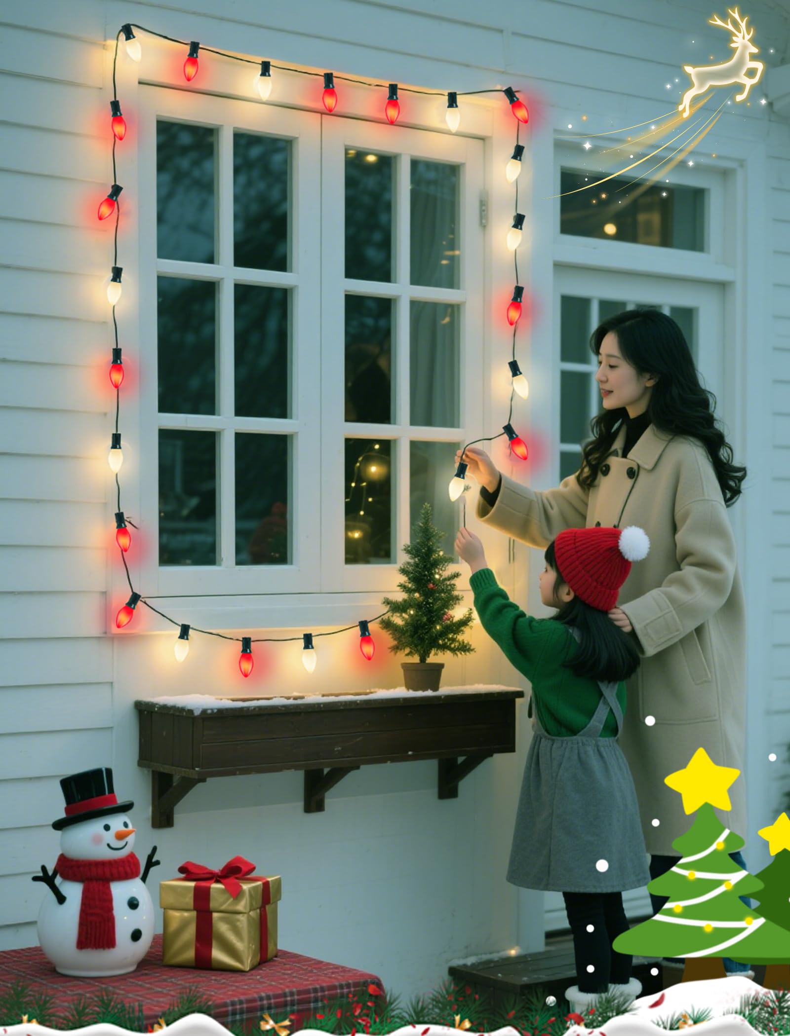 25Ft Multicolor Christmas Lights Outdoor  C7 Vintage String Lights With 27 Red White Baked Incandescent Bulbs  Hanging Patio Lights For Porch Roofline Christmas Tree Garden Pathway Indoor Decor