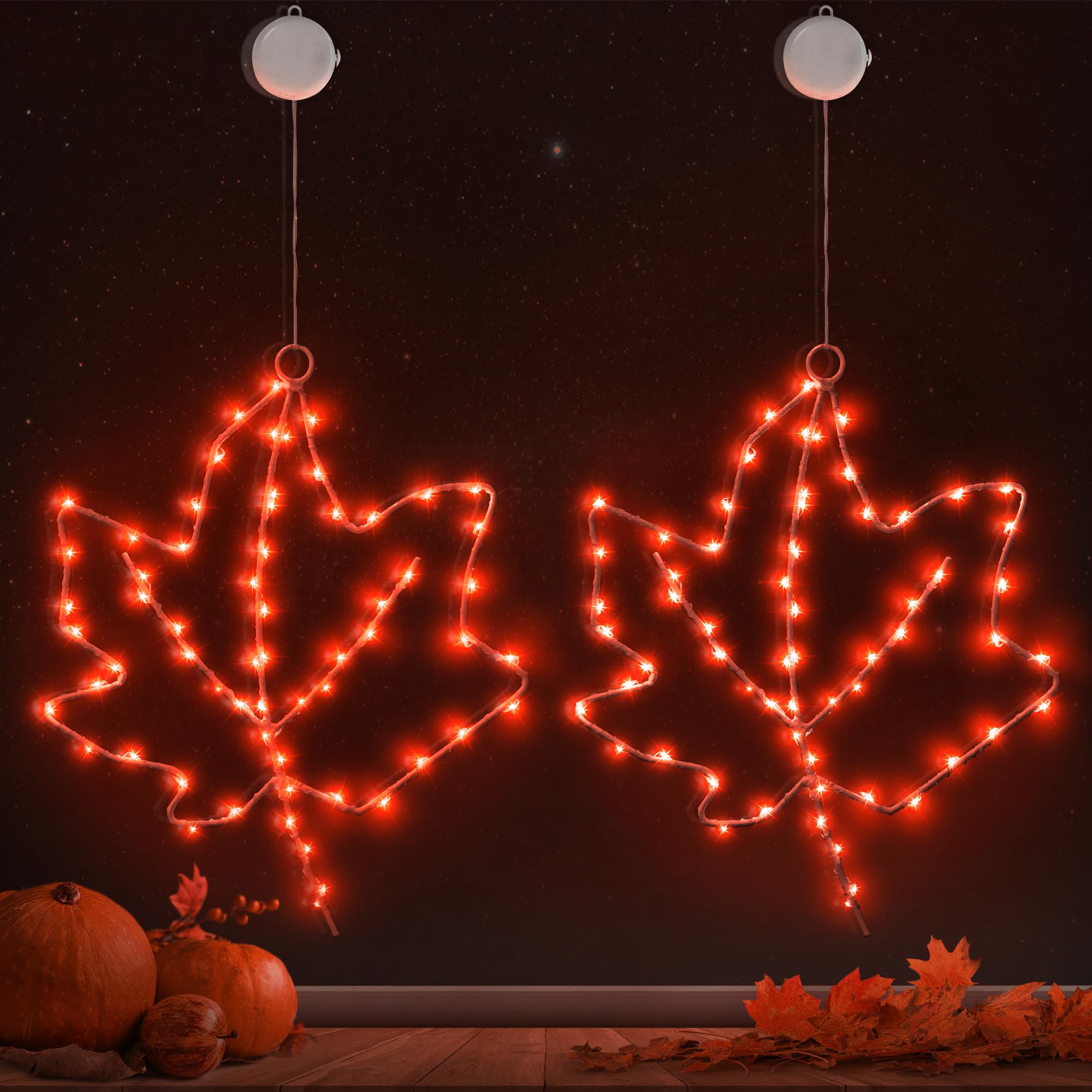 BlcTec Thanksgiving Window Lights, 10-Inch, Battery Operated, Metal Frame, Red, Model BT72, 2 Pack with Suction Cups