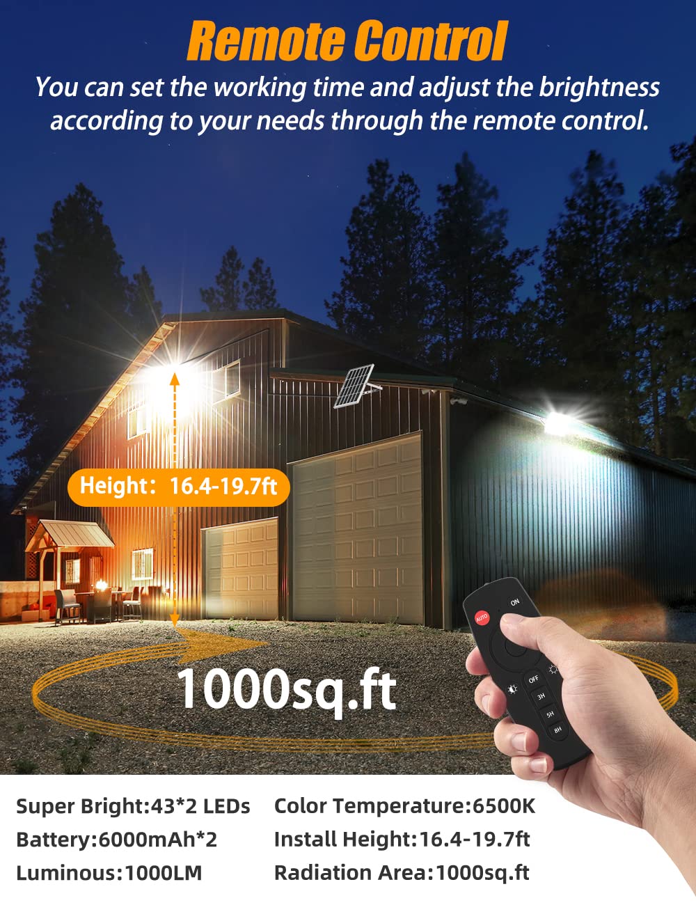 Solar Flood Light Outdoor 1000Lm Dual 6000K Bright White Floodlights Ip65 Waterproof Solar Power Light Auto On/Off Dusk To Dawn With Remote Control For Yard, Garden, Shed, Barn.