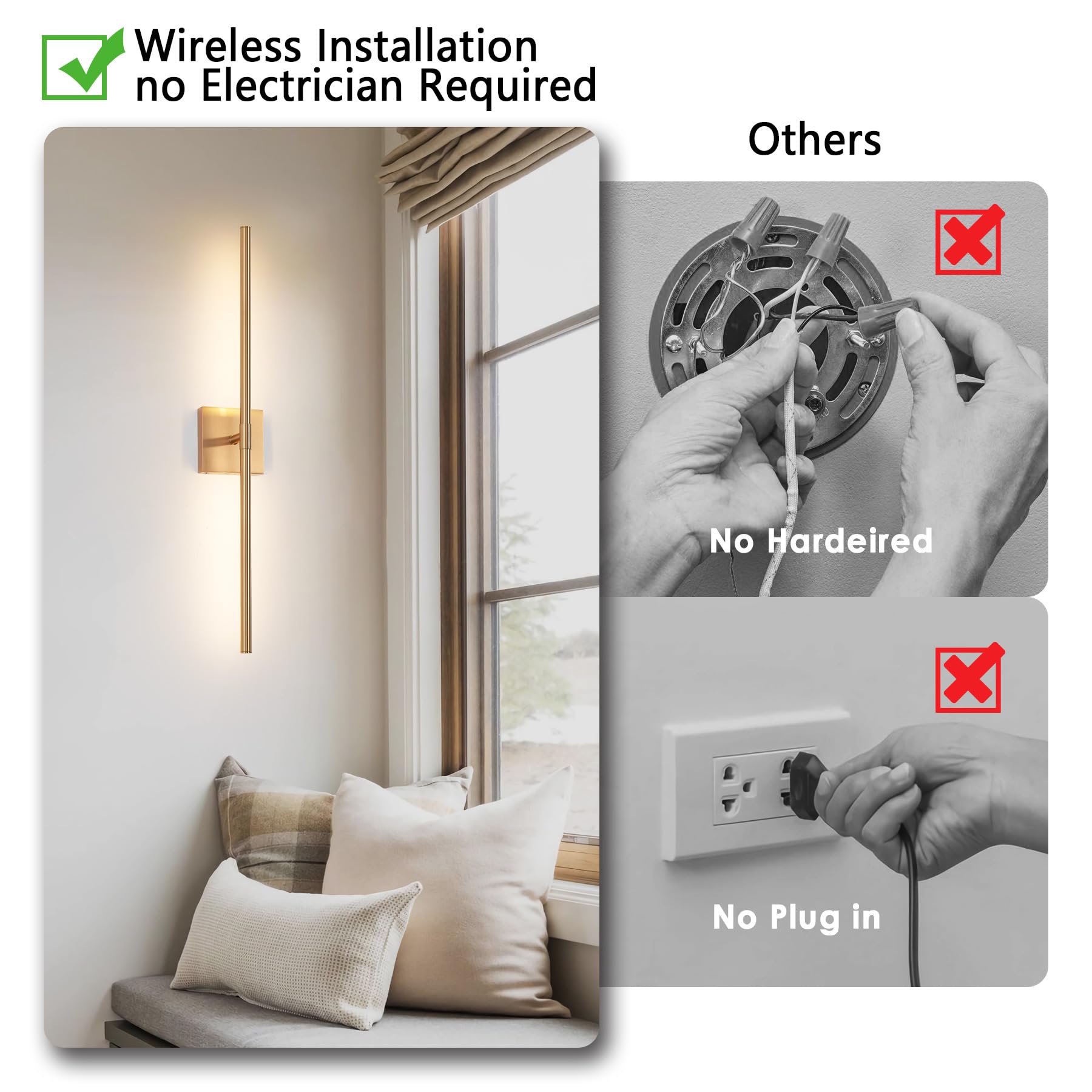 GWONER LED Wall Sconces Set of 2, 25" Gold, Wireless Rechargeable, Remote Control, 3 Color Dimming, Model GW211G-2