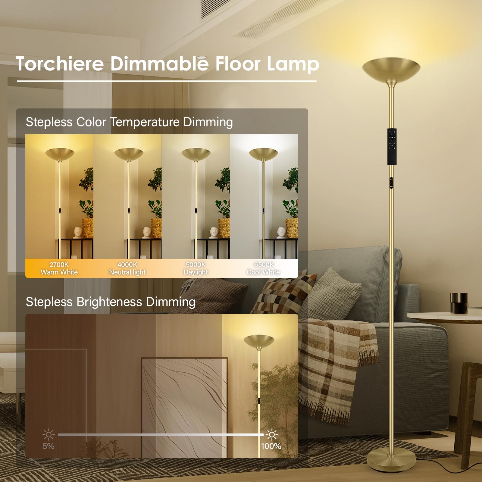 Bricosmocon Stepless Dimmable 30W Led Floor Lamp With Remote, 71&quot; Modern Gold Torchiere