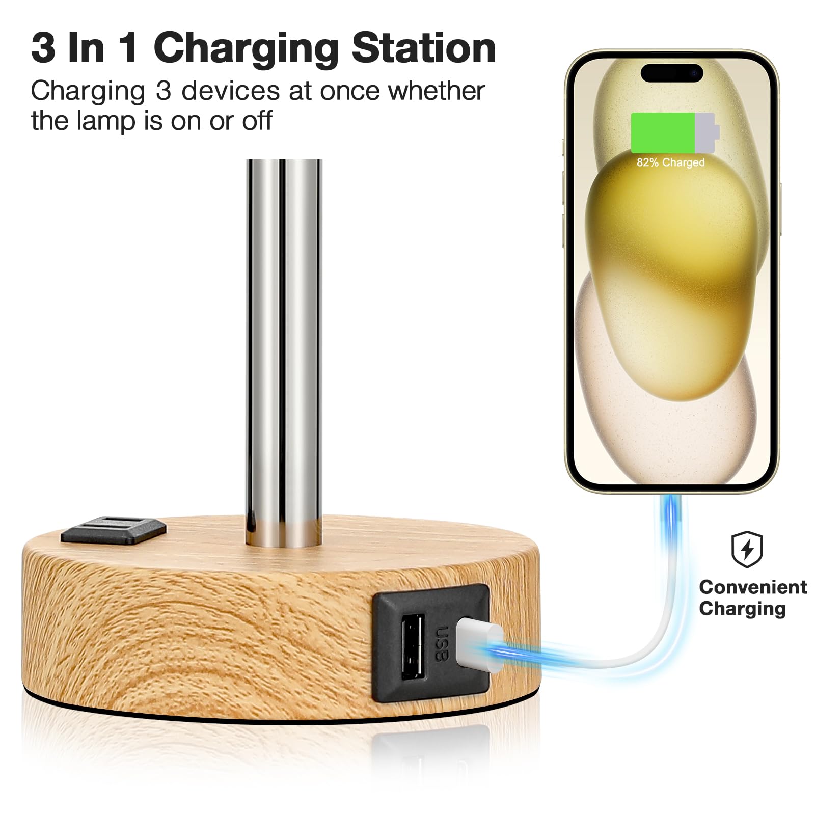 Fenmzee Bedside Table Lamp - 3 Way Dimmable Touch Control, 14" Cream Shade-Wood Base, USB Charging, LED Bulb Included