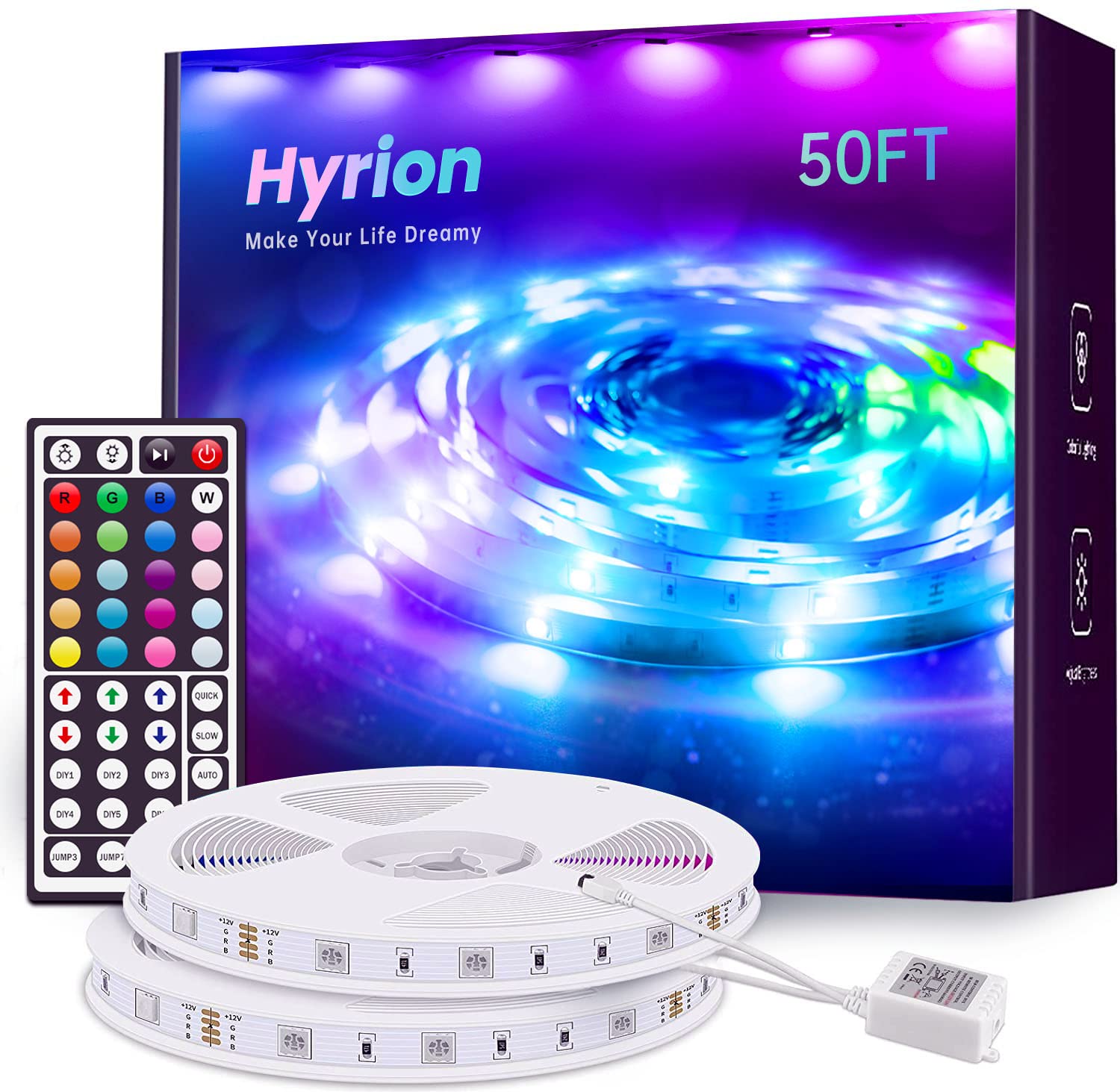 hyrion LED Strip Lights 50ft SMD 5050 RGB, Dimmable with Remote, Multicolor, Plastic, Model H-215WLG3011-CA