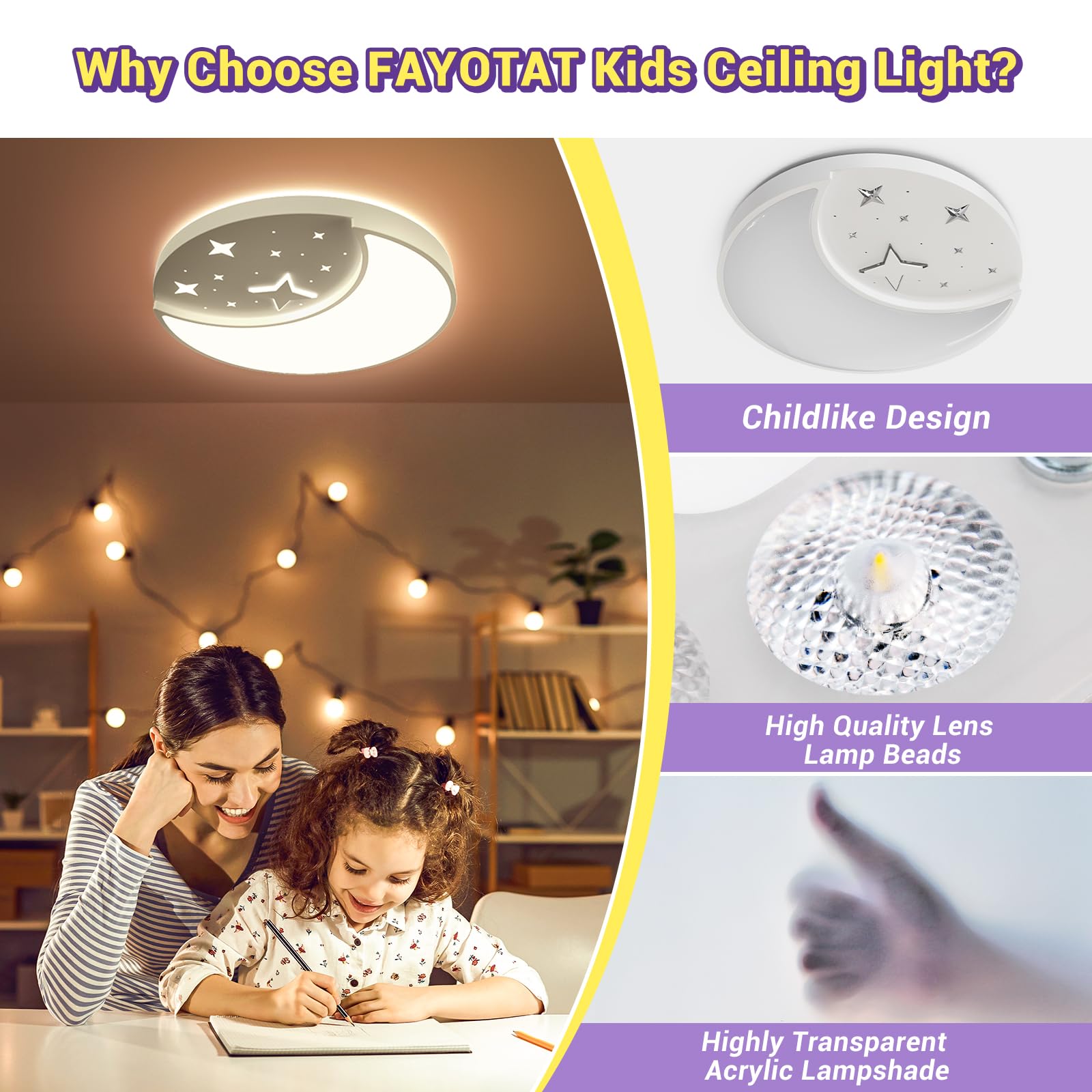 15.75 Inch Flush Mount Ceiling Light For Kids, 30W Large Modern Led Ceiling Lights, 3000K/4500K/6500K Selectable, Moon And Star Ceiling Light Fixture For Bedroom Children'S Room Nursery Playroom