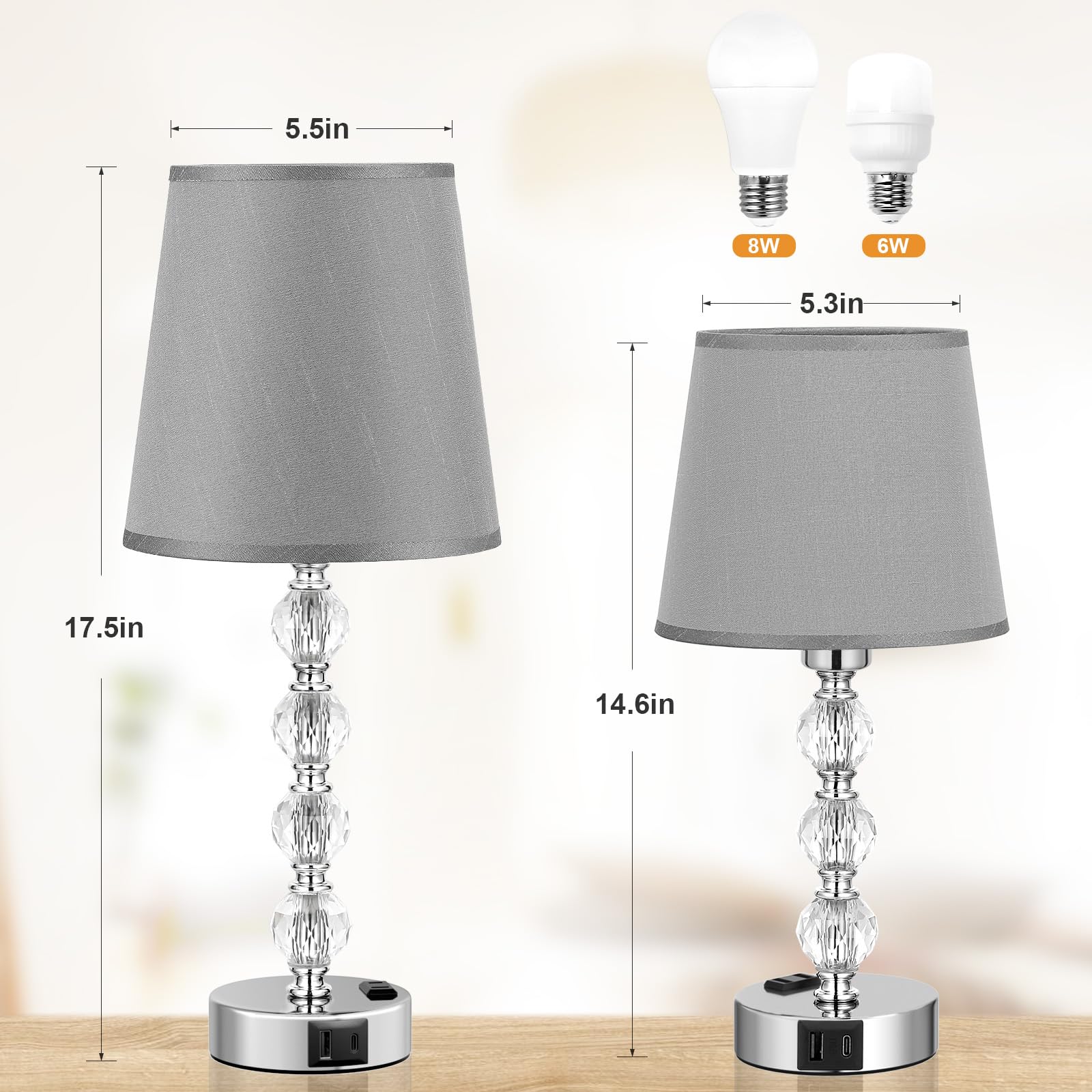Acaxin Bedside Lamps For Bedrooms Set Of 2 Nightstand - Large Crystal Table Lamps With Usb C Charging Ports And Ac Outlet, 3 Way