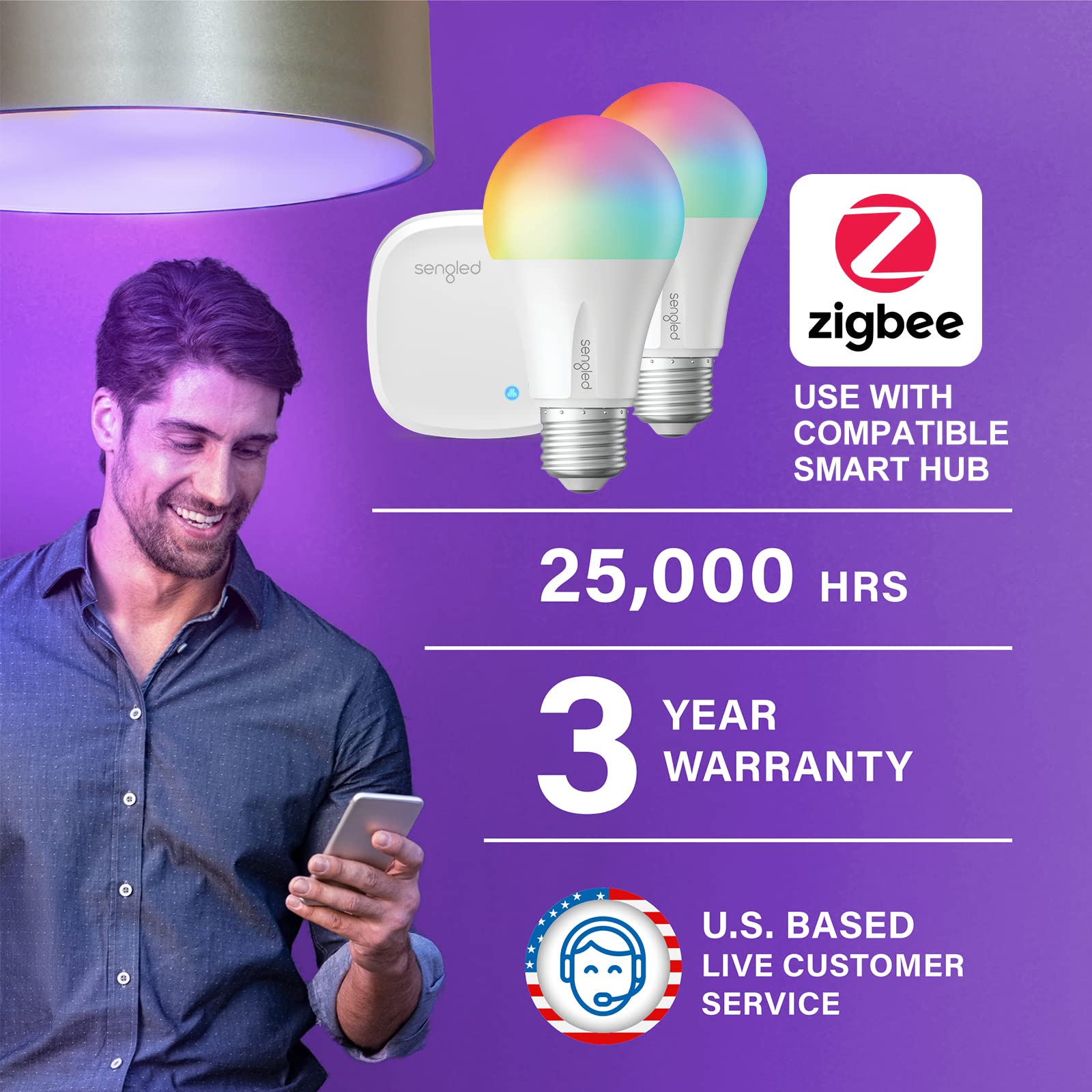 Sengled Smart Light Bulb Starter Kit, A19 E26, Color Changing, 800LM, Dimmable, 2 Pack with Hub, Full Color (16 Million)