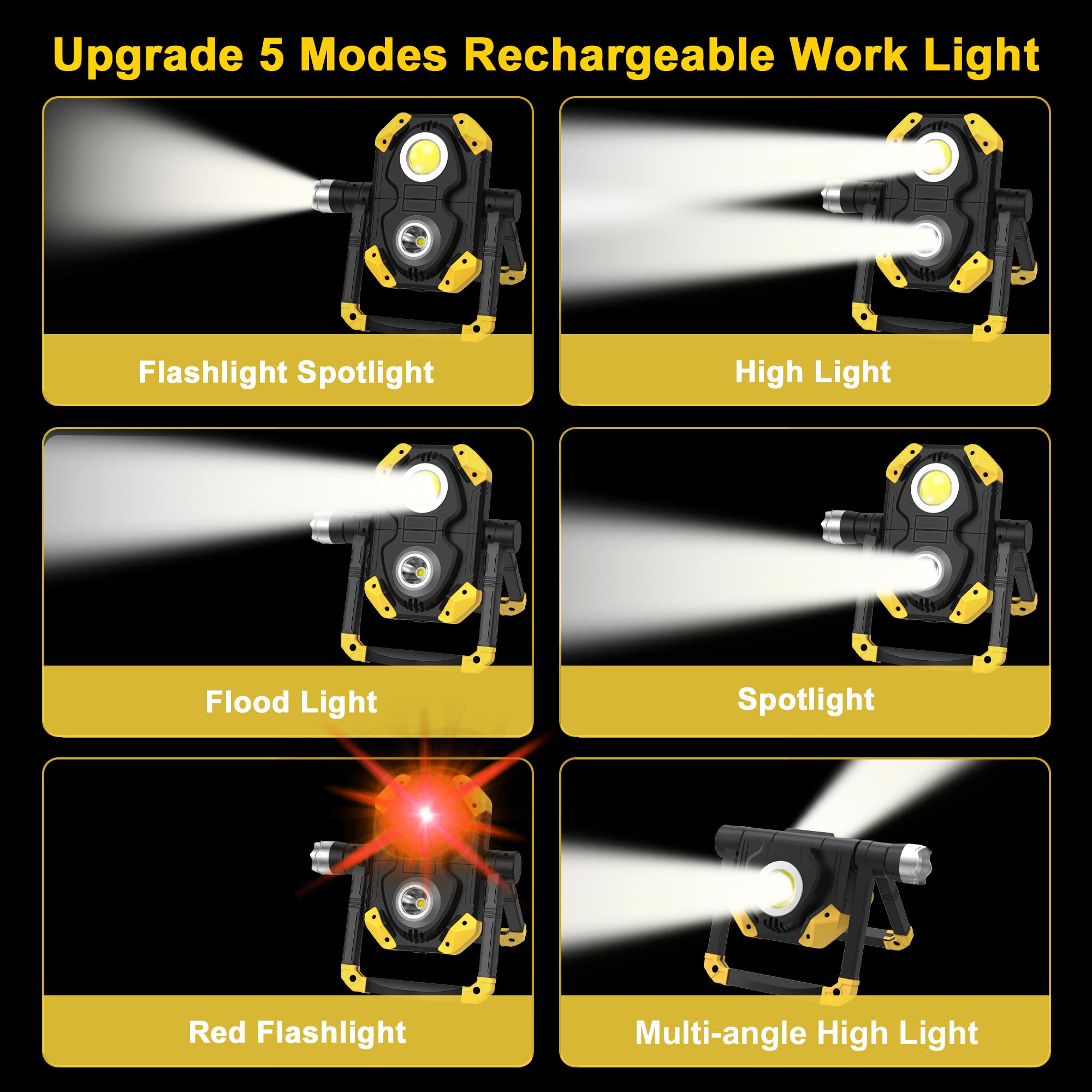 Samyoung 2 Pack Magnetic 6000 Lumen Work Light, 10 Hours Long Lasting 360°Rotating 7000K Warm Rechargeable Work Light, Folding Waterproof Led Work Light For Job Site Car Inspection Camping Emergency