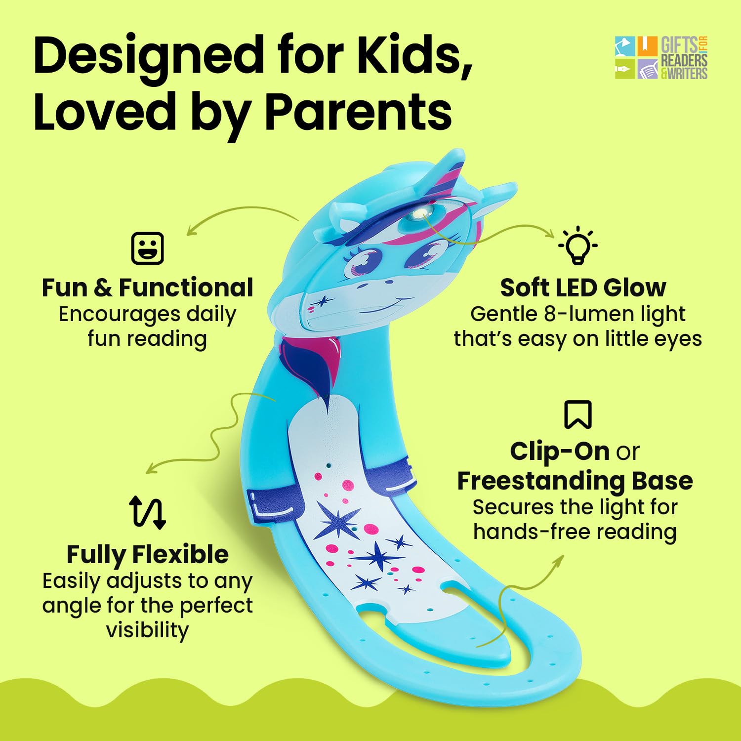 Gifts for Readers & Writers Flexilight Pal Bookmark Light | LED Clip-On | Battery Operated | Plastic | Unicorn Blue