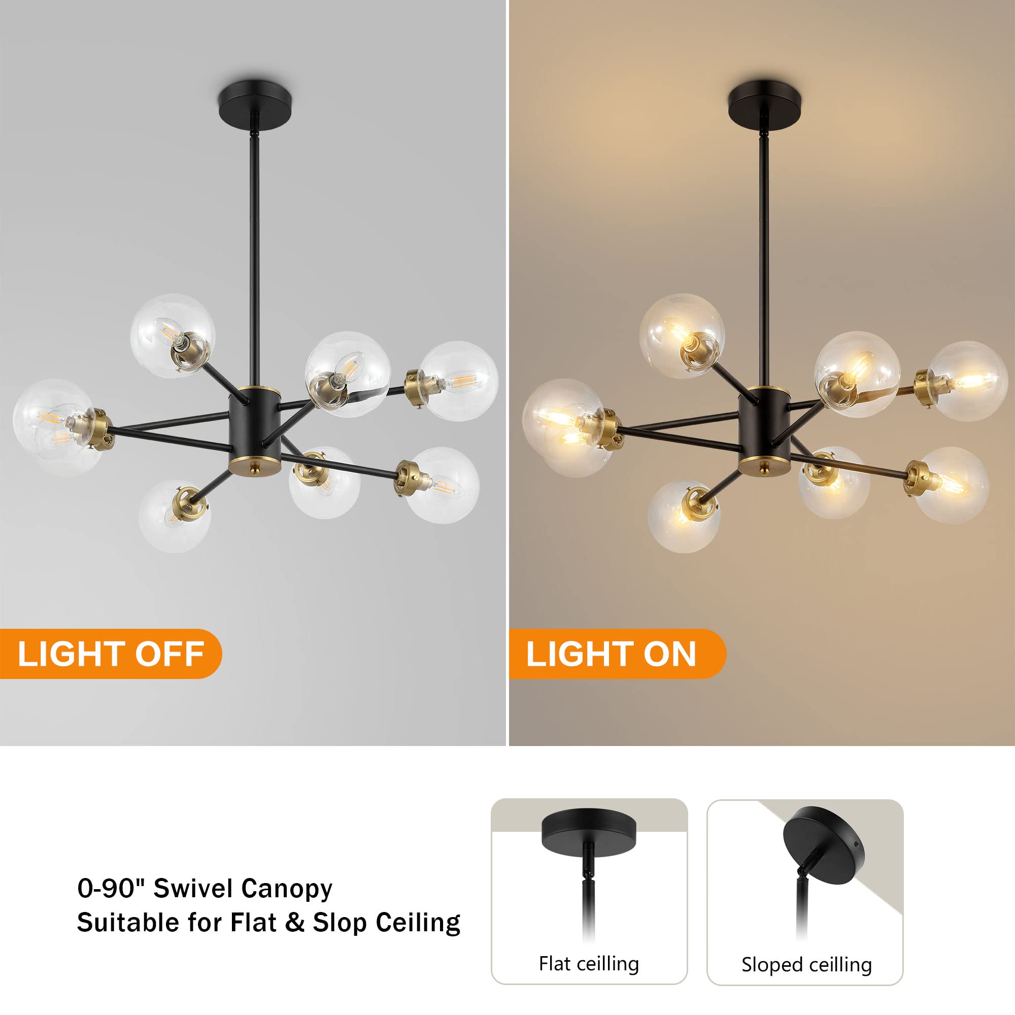 Wingbo 8-Light Sputnik Chandelier, Modern Pendant Light Fixture With 4.7" Clear Glass Globe Shade For Flat And Slop Ceiling, Height Adjustable For Kitchen Living Room Dining Room Bedroom, Black
