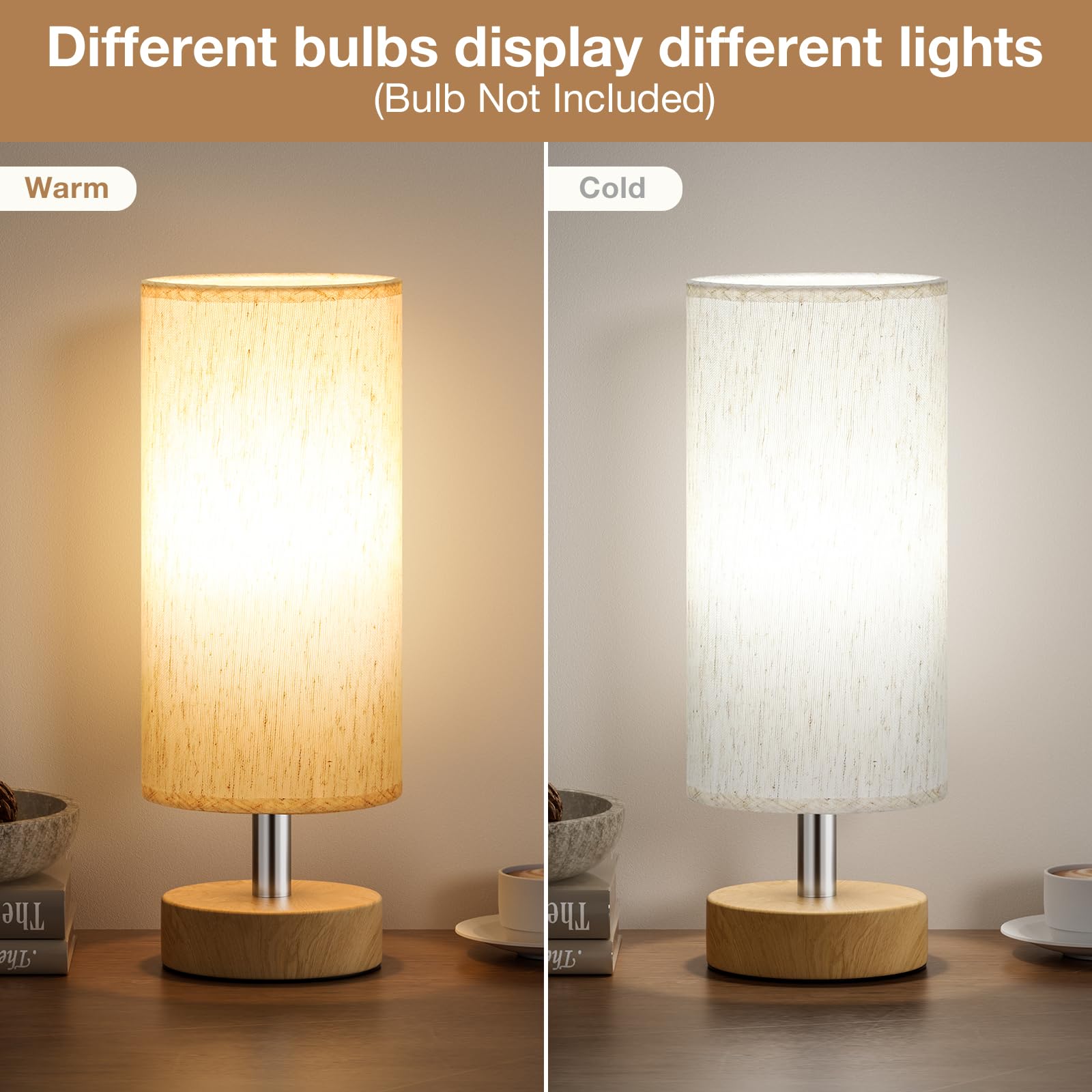 PartageiZ Small Table Lamp - Cream Shade, Wood Base, 11.6in Inline Control, Minimalist Design for Bedroom, Office, Living Room, Kids Room