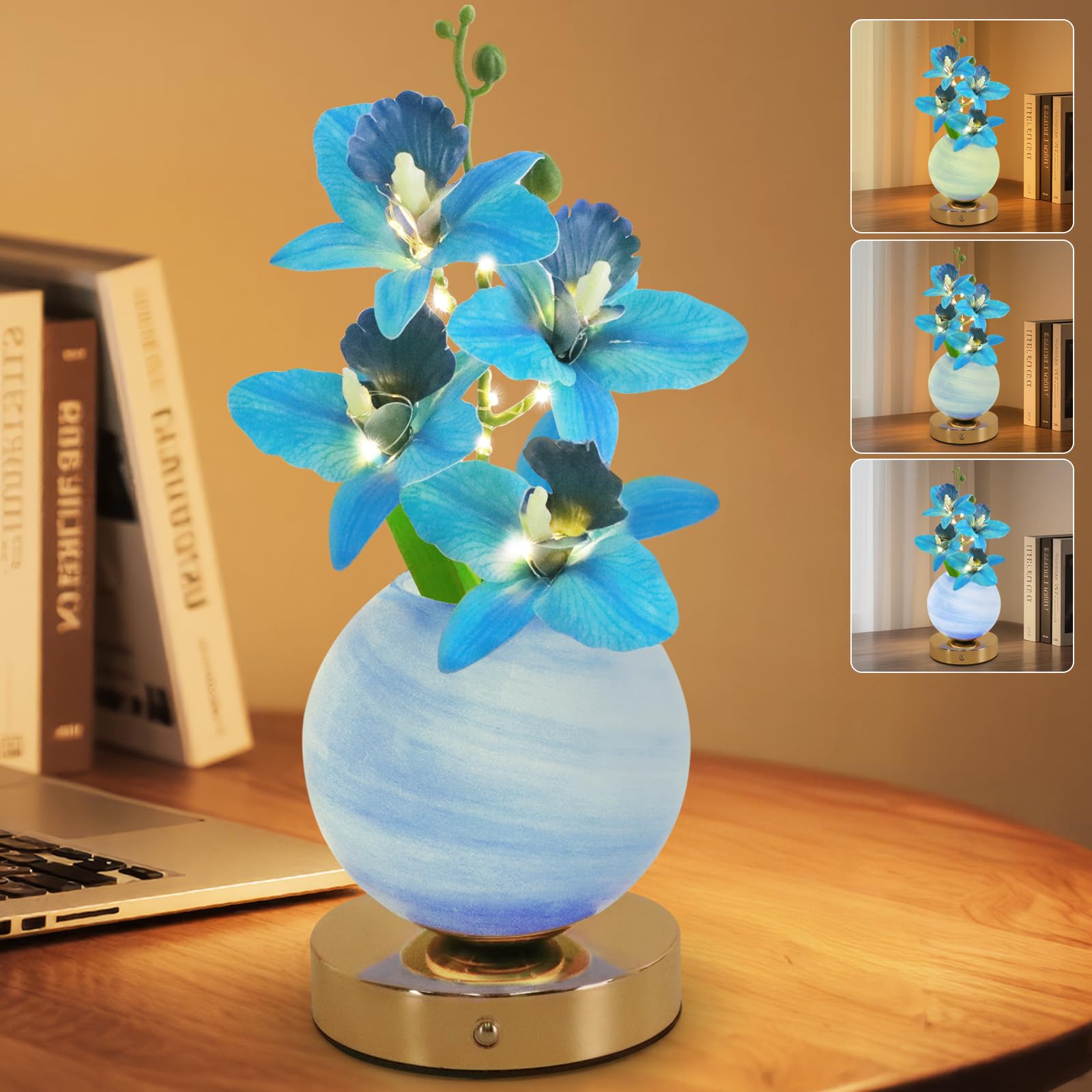 Strackvial Flower Table Lamp, 3 Colors Orchid Night Light, Cordless Touch Dimming Artificial Flower with Vase Lamp, LED Desktop 
