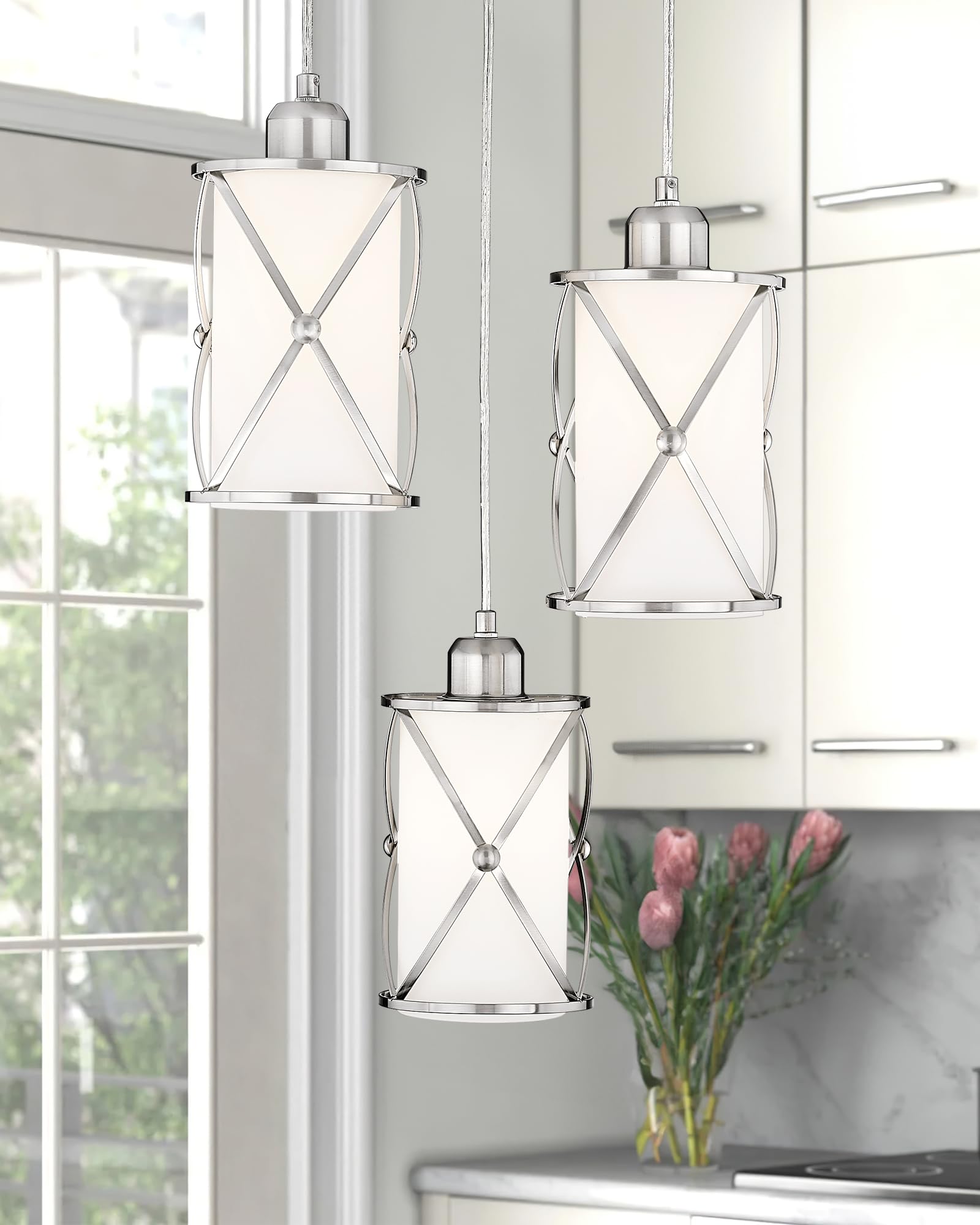 Osimir 3-Light Brushed Nickel Chandelier With Frosted Glass For Dining Room & Kitchen Island