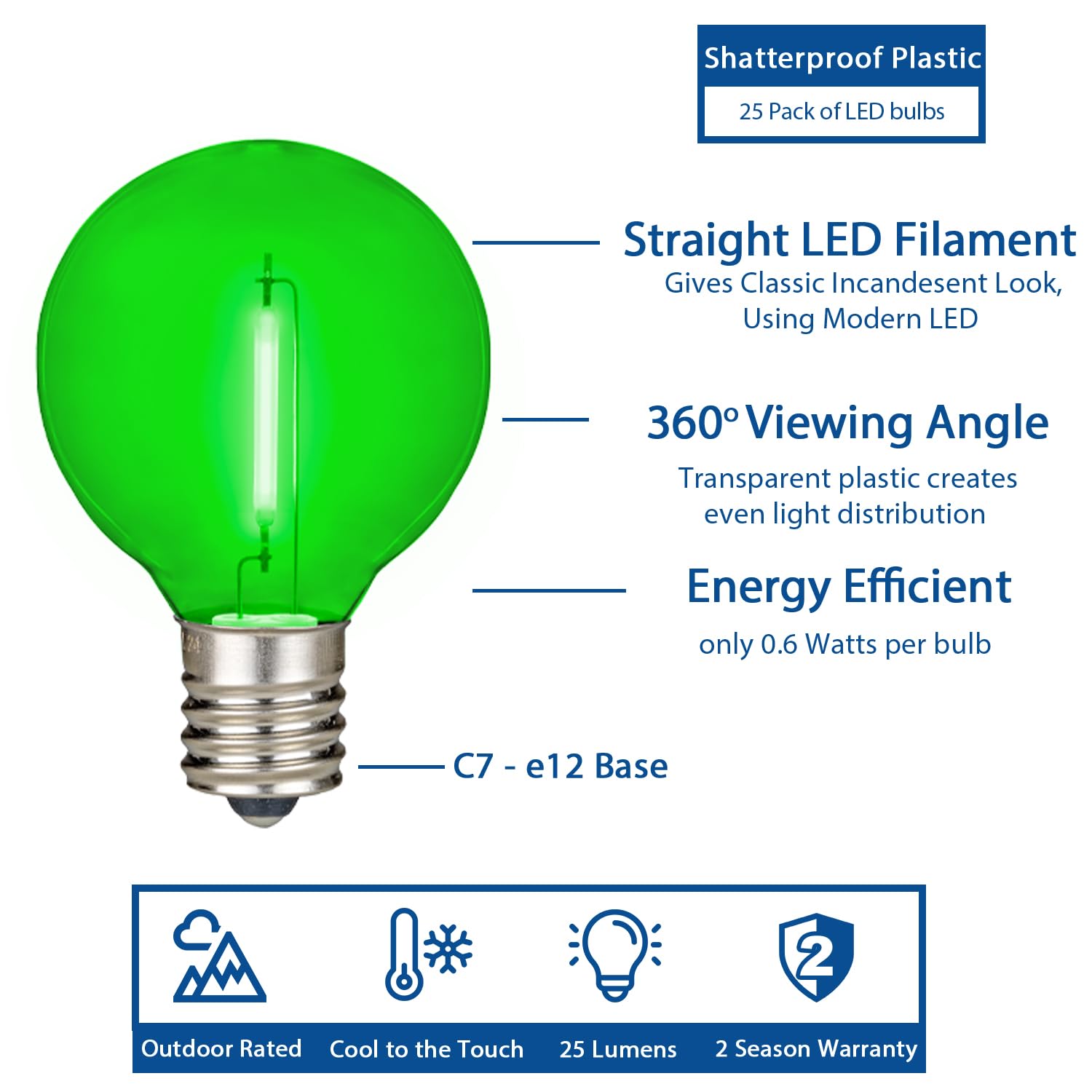 Novelty Lights 25 Pack Green G40 Led Filament String Light Bulbs  E12/C7 Candelabra Base  5 Watt Equivalent  Shatterproof Replacement Bulbs For Patios  Canopy Lighting