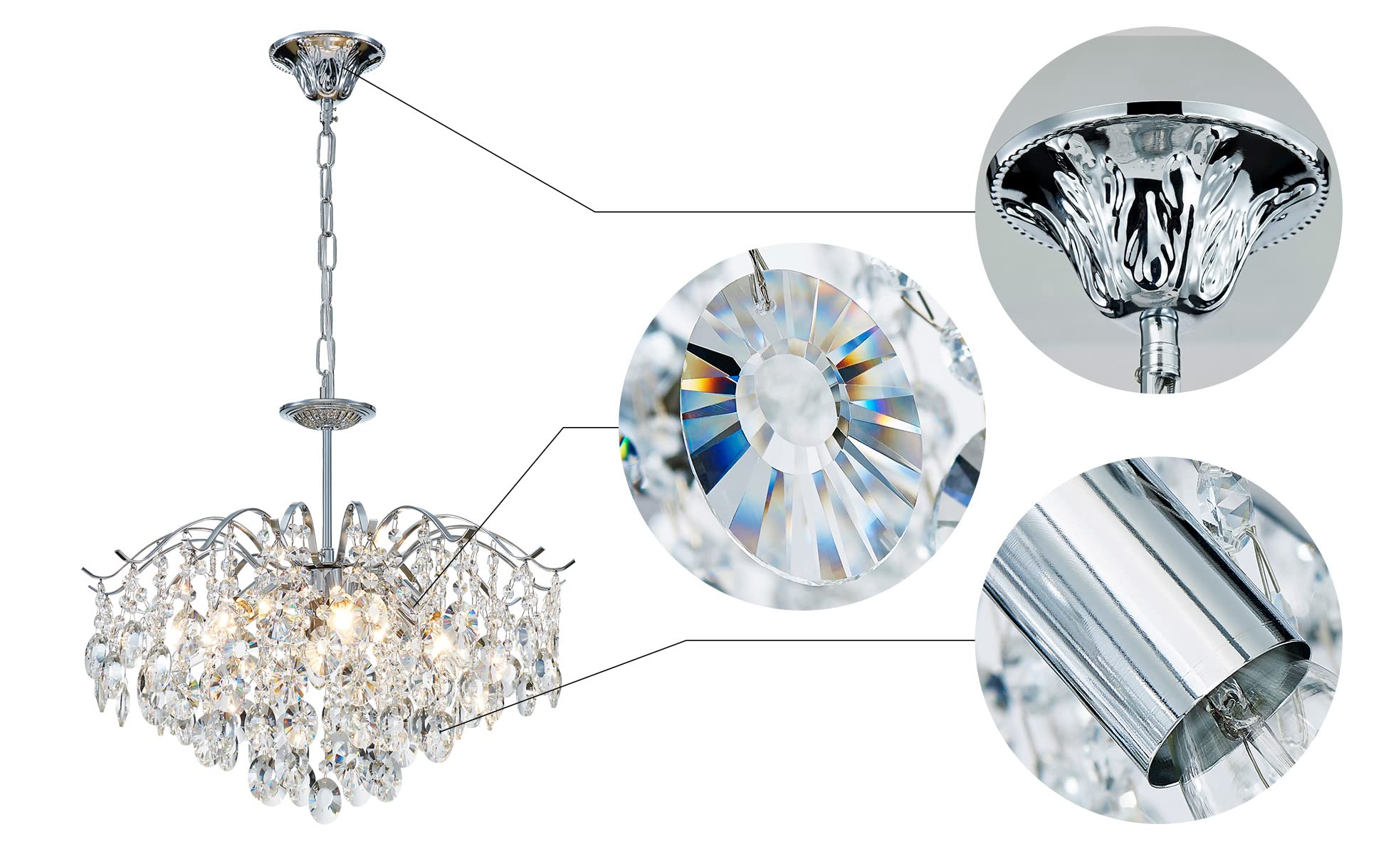 SM Saint Mossi Modern K9 Crystal Chandelier, 6-Lights, Chrome Finish, D20 x H17, Adjustable Chains, Model 22027