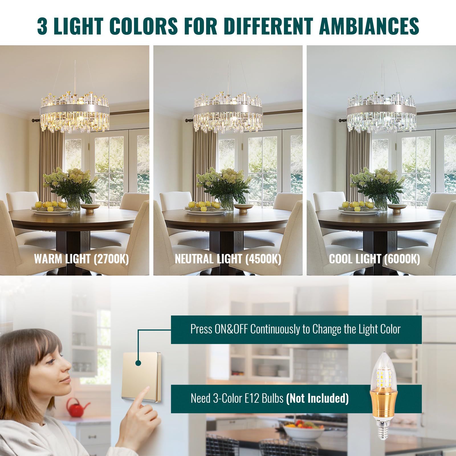 Siljoy Modern Crystal Chandelier, 12 Lights, Brushed Nickel, 2-Tier, Adjustable Height, D19.7'' for Dining, Living Room, Kitchen Island