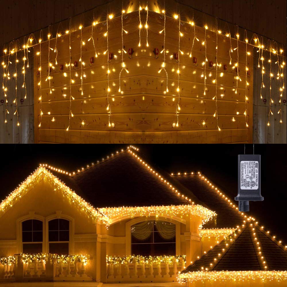 Toodour Christmas Icicle Lights, 360 LED 29.5ft, 8 Modes, Warm White, Model LED08230360, Outdoor Fairy Twinkle String Lights