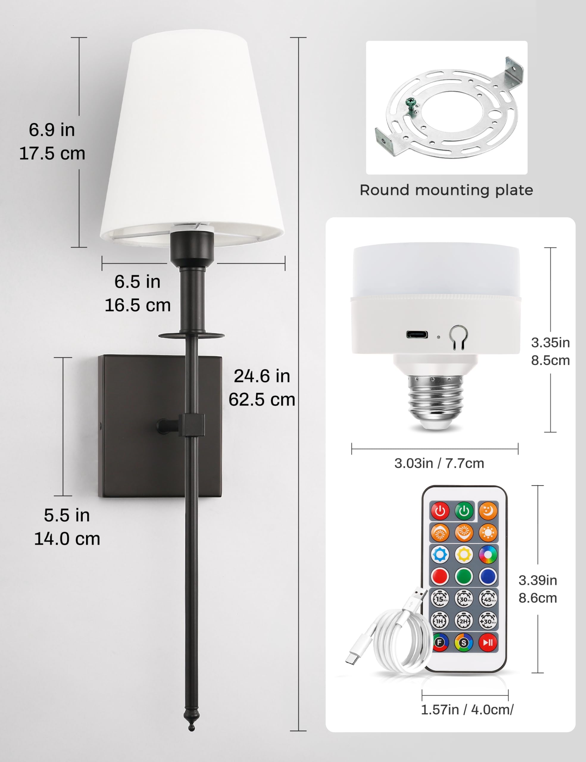 DORESshop Battery Operated Wall Sconce Set of 2, 24 inch Black Metal Lights with Remote, Wireless for Bedroom Living Room Hallway